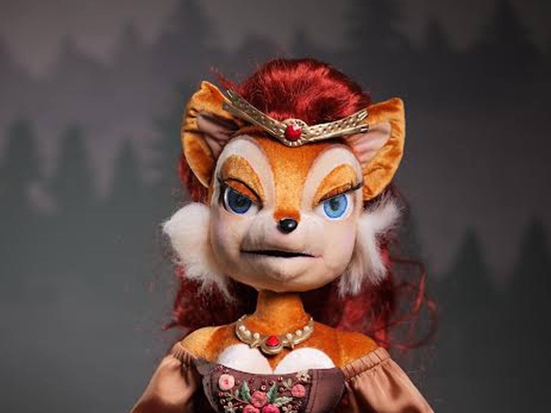Handmade Sally Acorn doll in a long brown satin gown with a rose-embroidered bodice, a custom Sonic plush