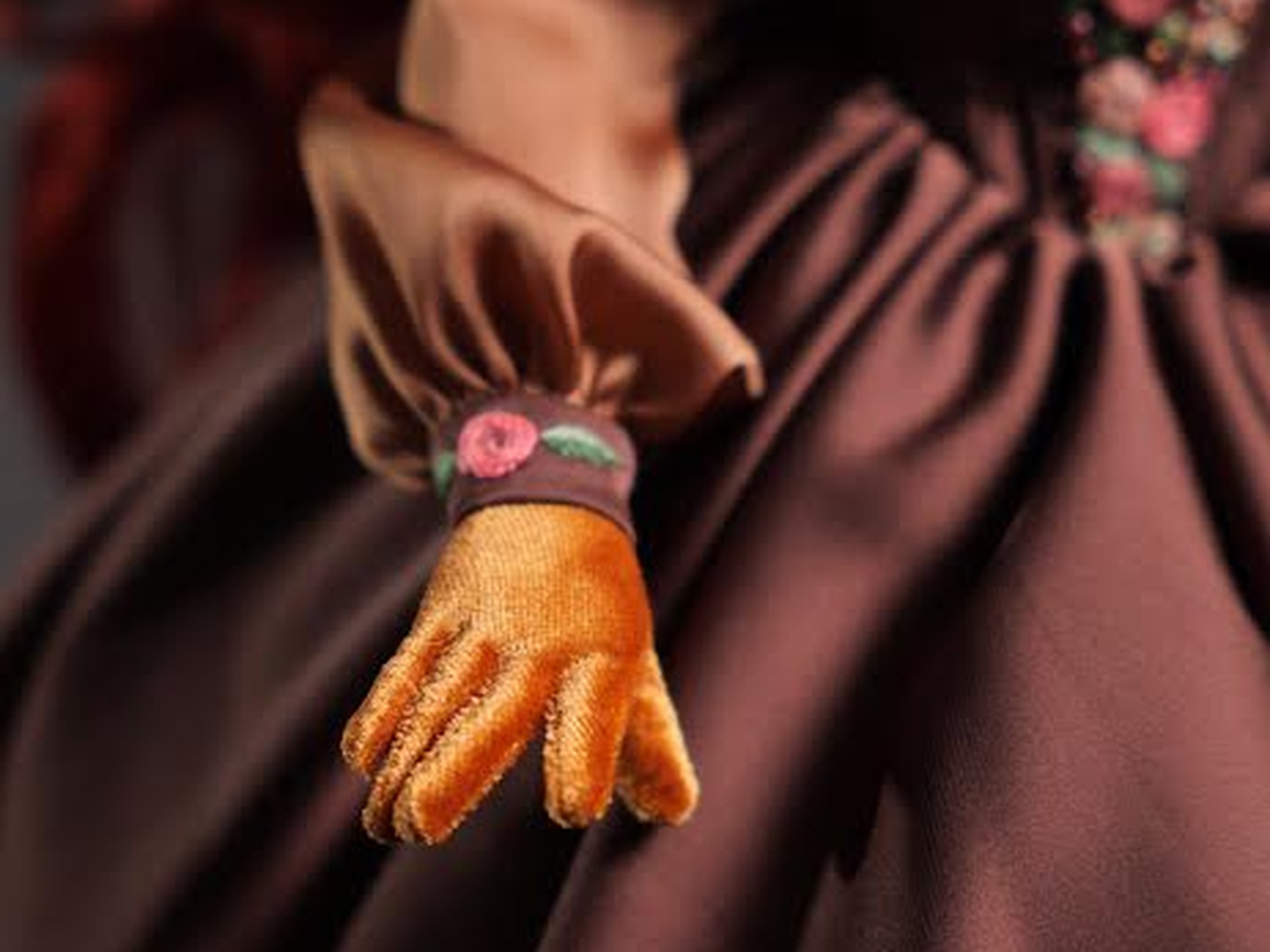 Sally Acorn Doll Gown Detail Sally Acorn doll hand in an orange glove with a rose-embroidered satin cuff, a custom Sonic doll made to order