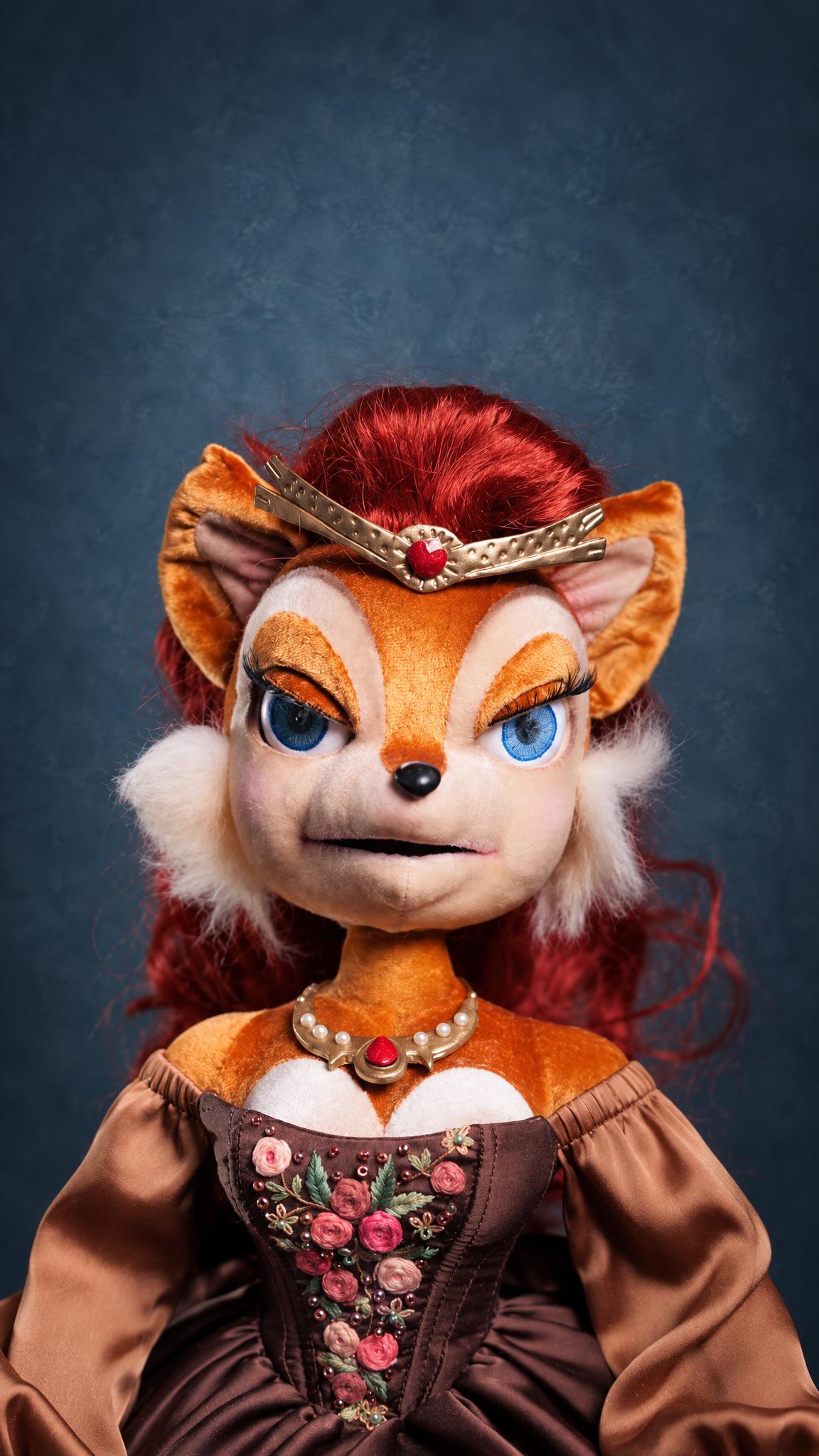 Custom Sally Acorn plush doll from Sonic, handmade to order with red curls, a gold tiara and a satin gown