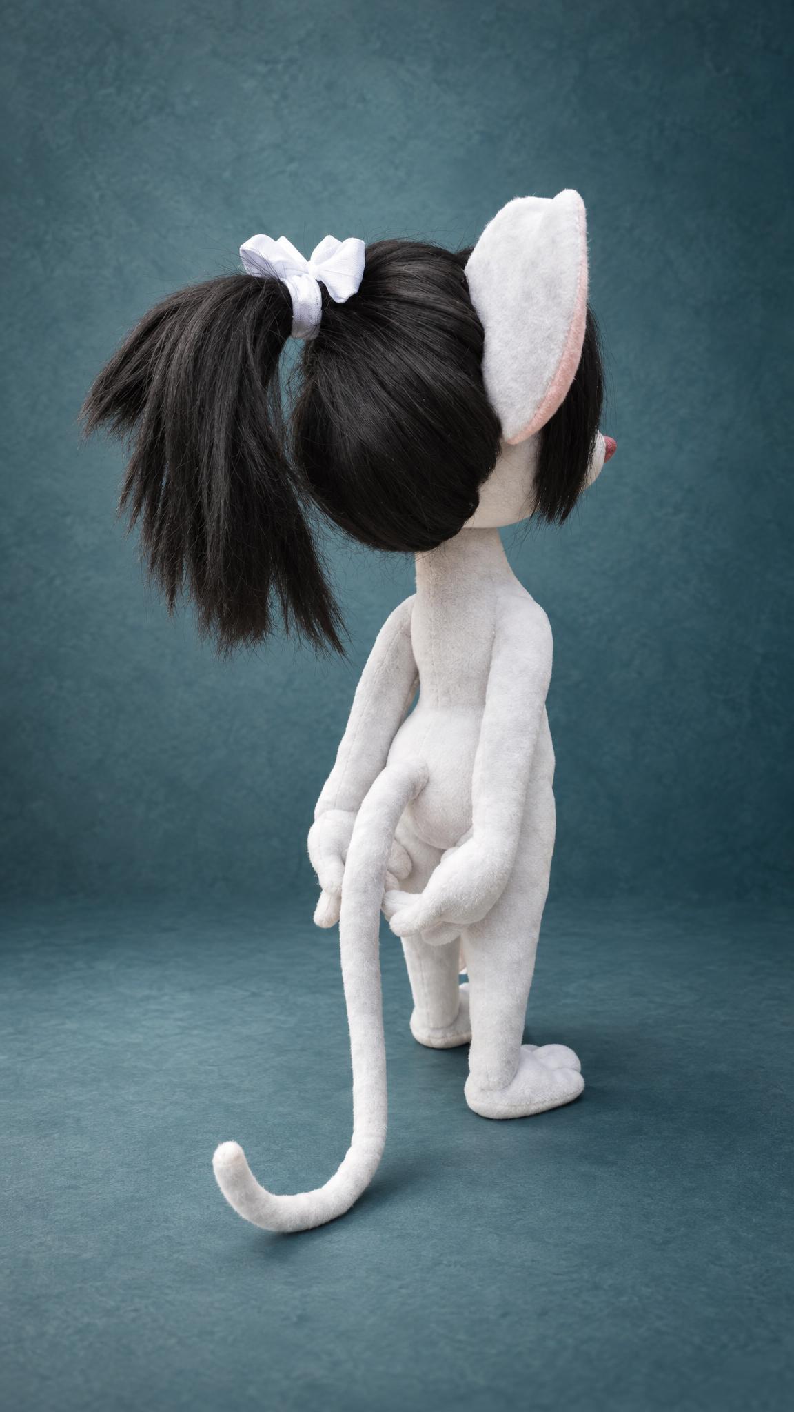 Akane Yamakawa rat plush without clothes, pale grey body, black ponytail and long tail, a custom handmade plush