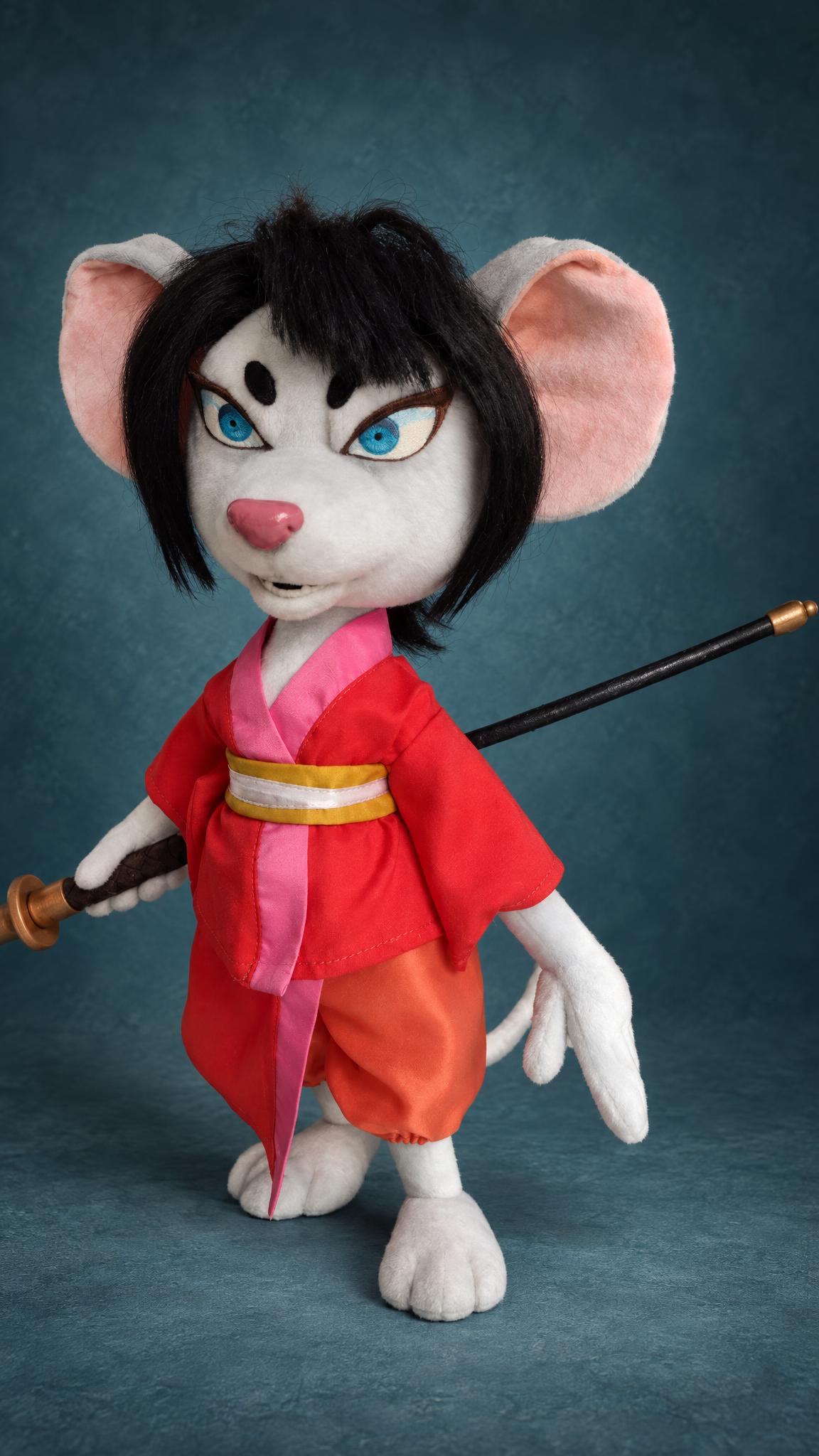 Handmade samurai rat plush with a katana, red kimono and orange trousers, a custom Curse of the Sea Rats plush