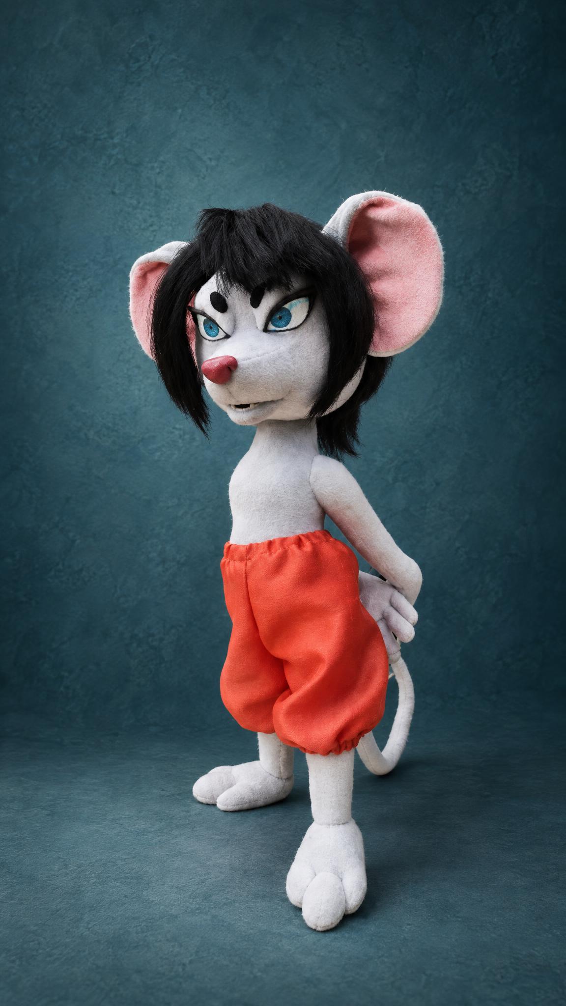 Handmade samurai rat plush in orange trousers without her kimono, a custom Akane Yamakawa plush