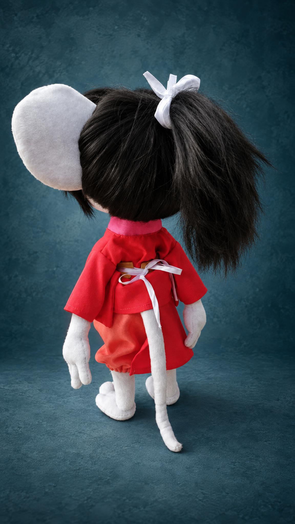 Samurai rat plush from behind with a black ponytail, white bow and red kimono, a custom handmade rat plush