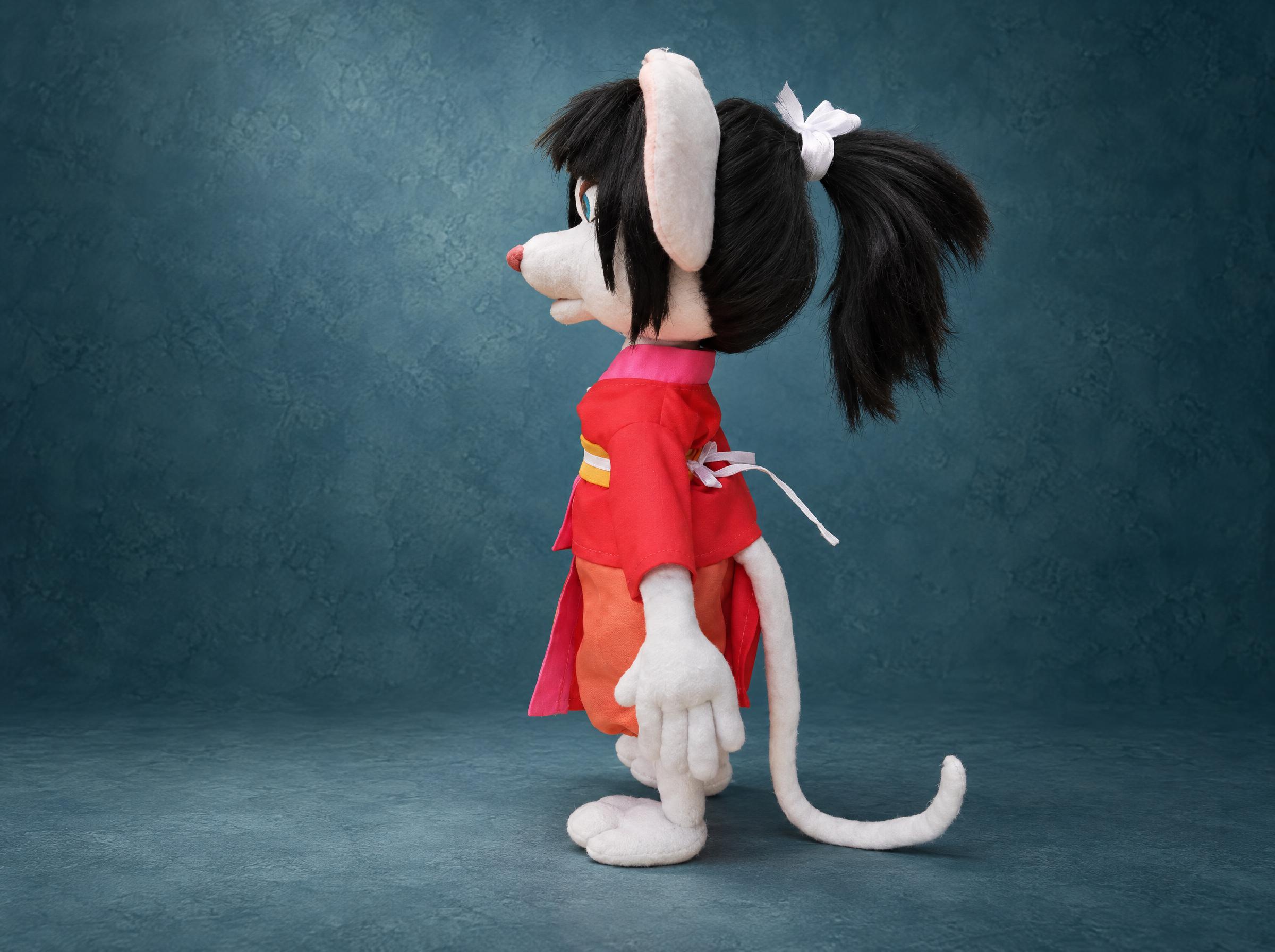 Samurai Rat Plush in Profile Custom samurai rat plush in profile with a red kimono, a black ponytail and a long tail, made to order