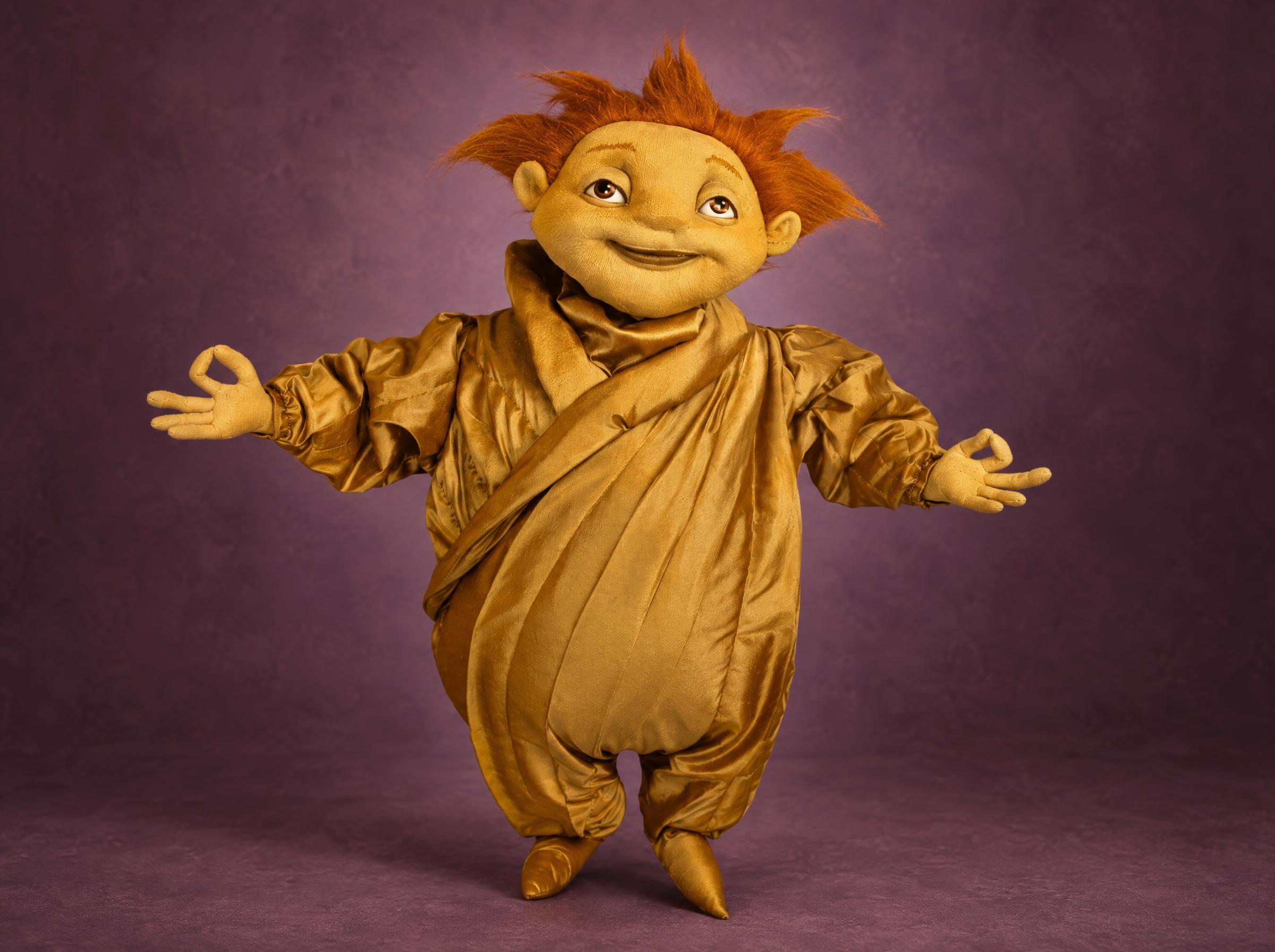 Custom Sandman doll, handmade to order with spiky orange hair and a shiny gold robe