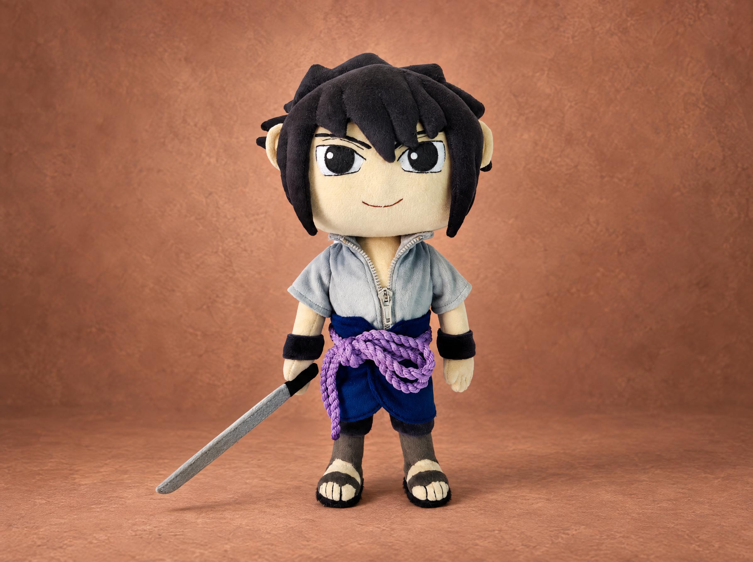 Chibi Sasuke plush from Naruto holding a grey sword, handmade to order with a purple rope belt and black eyes