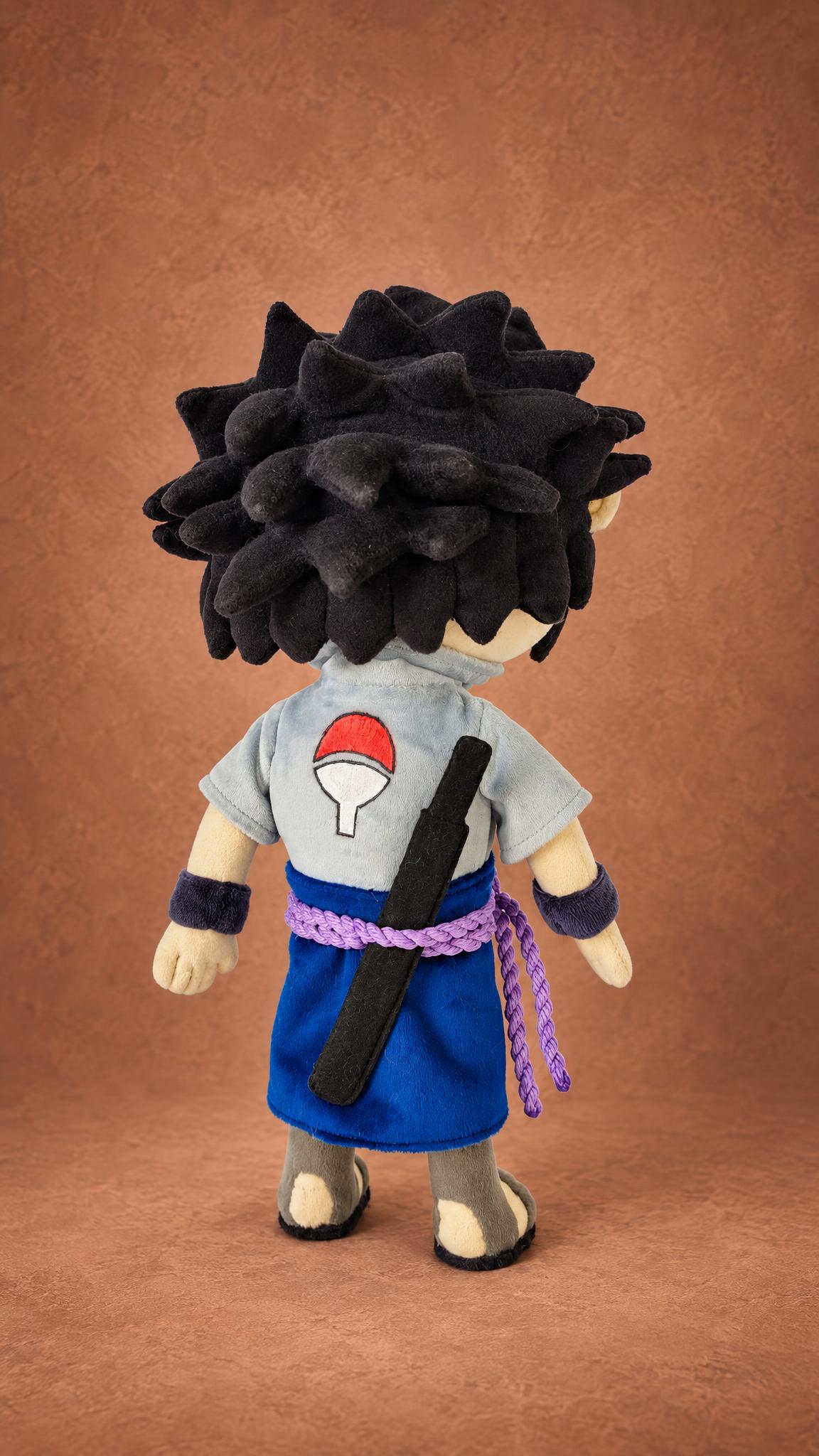 Custom Naruto plush of Sasuke with the Uchiha crest embroidered on his back and a black sheath, made to order