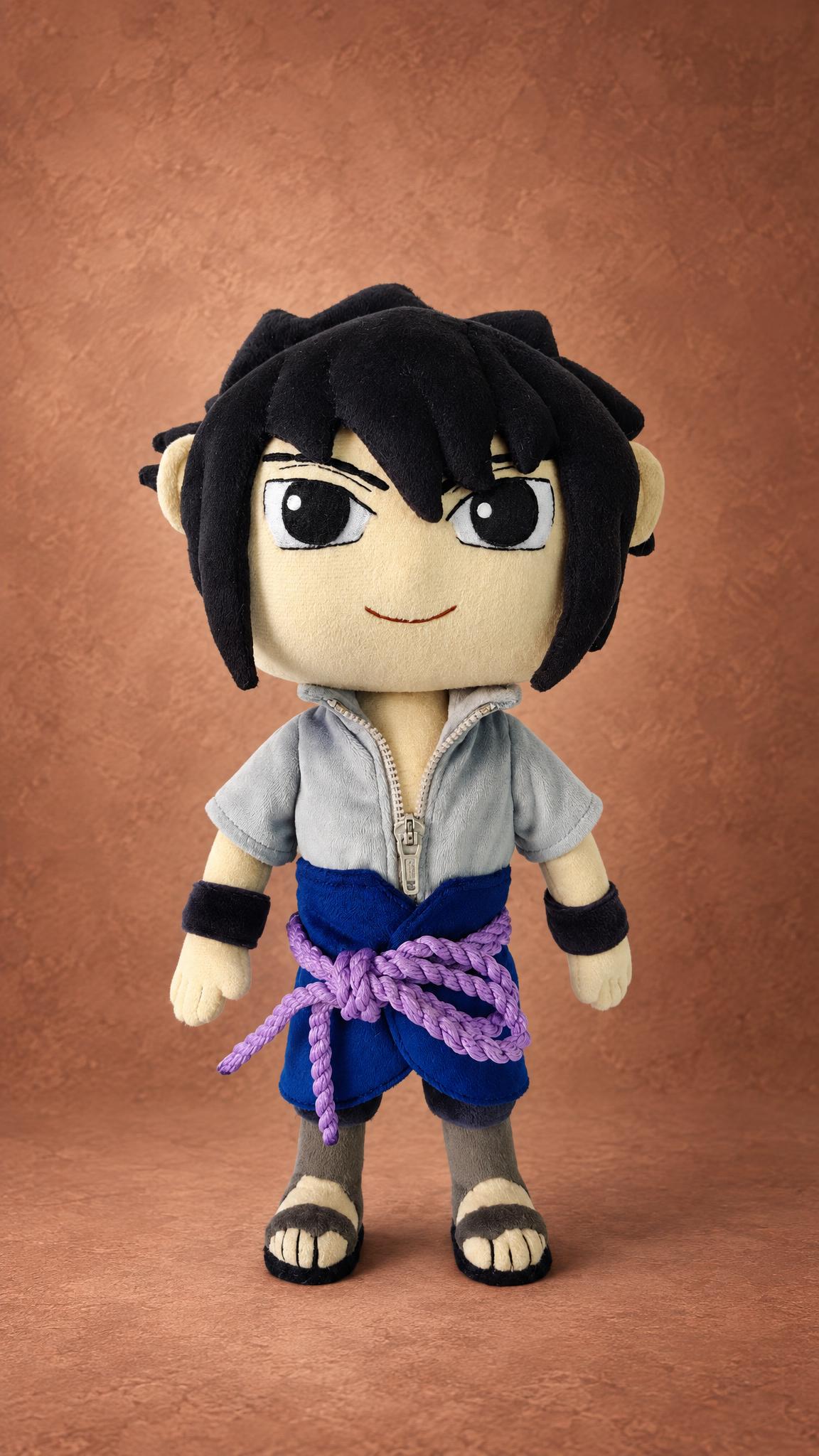Sasuke Uchiha plush handmade to order: grey zip shirt, blue waist cloth, purple rope belt, dark wristbands