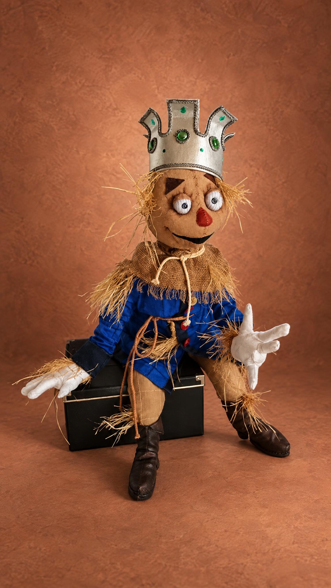 Handmade Scarecrow doll with a crown on a black box, straw at his wrists, a custom Oz doll made to order