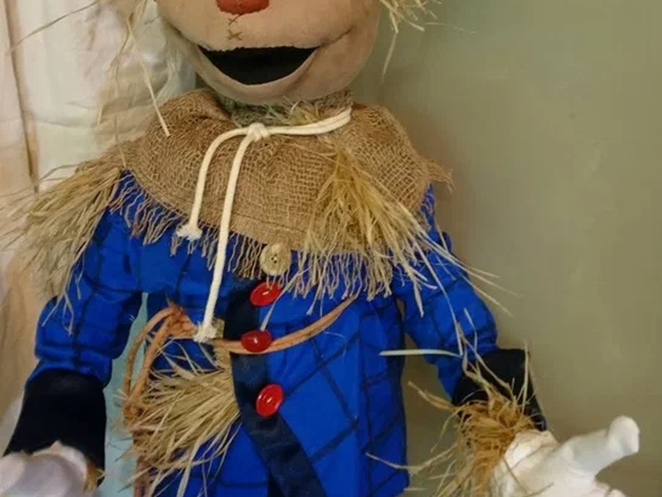 Scarecrow King Doll Face, Handmade Scarecrow King doll face with big round eyes, an orange nose and a green-jeweled crown, a custom Oz doll