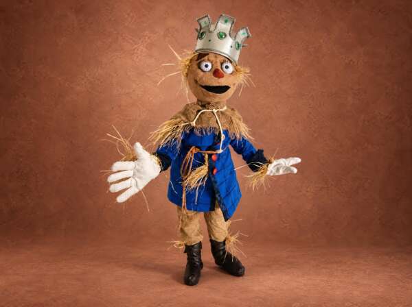 Custom Scarecrow King doll from Oz, handmade to order with a silver jeweled crown, blue coat and straw hands