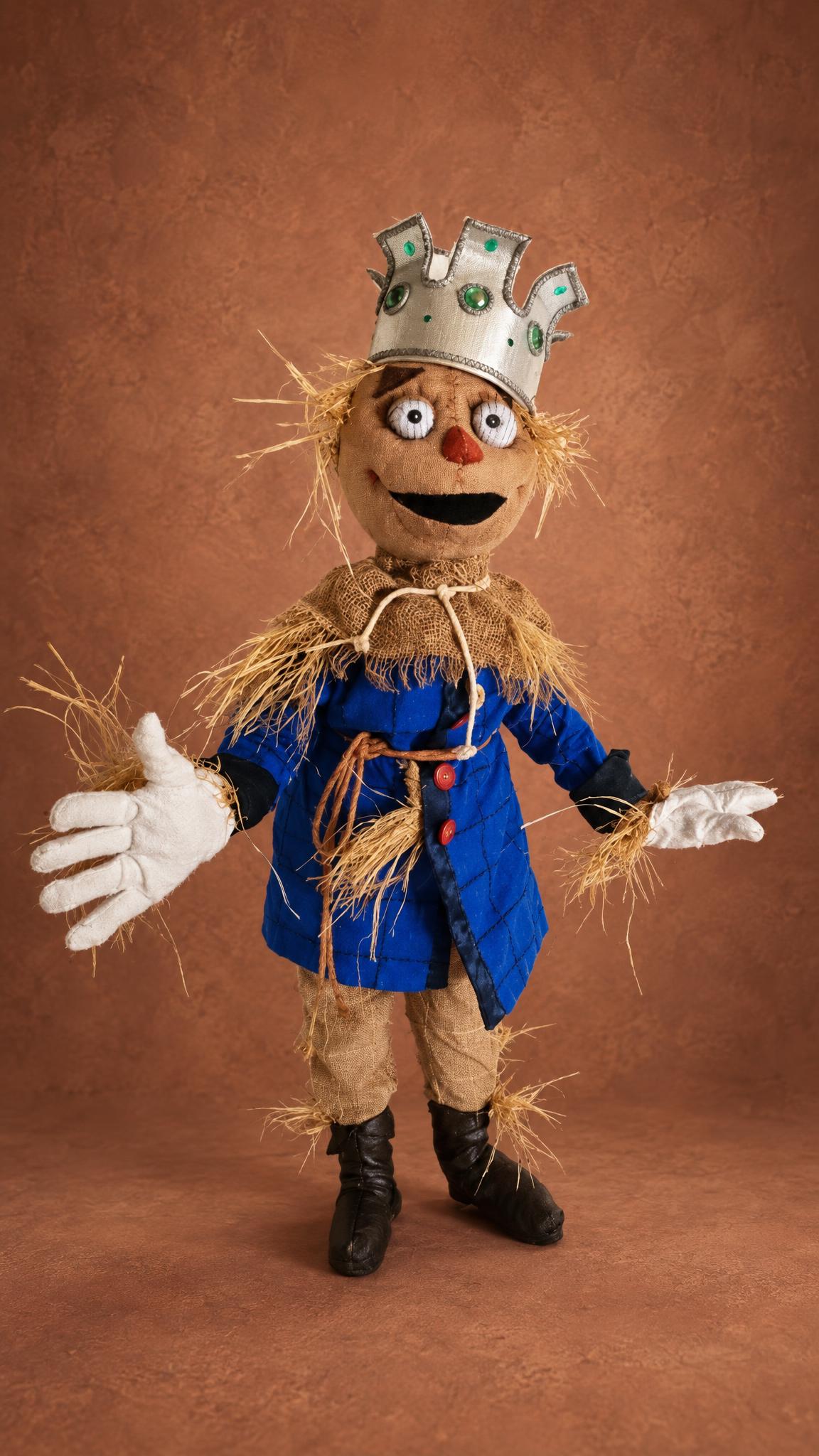 Custom Scarecrow King doll from Oz, handmade to order with a silver jeweled crown, blue coat and straw hands