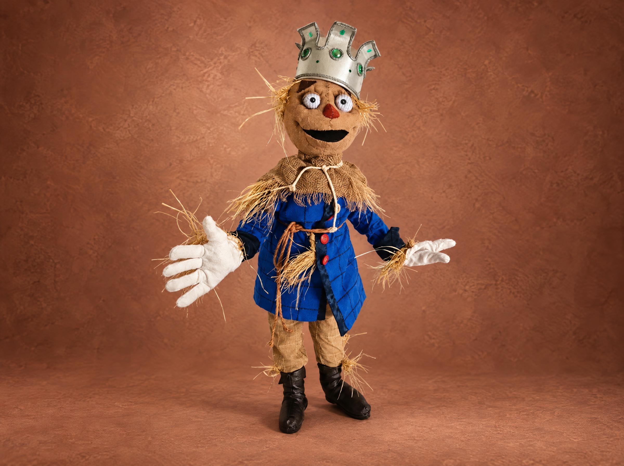 Custom Scarecrow King doll from Oz, handmade to order with a silver jeweled crown, blue coat and straw hands