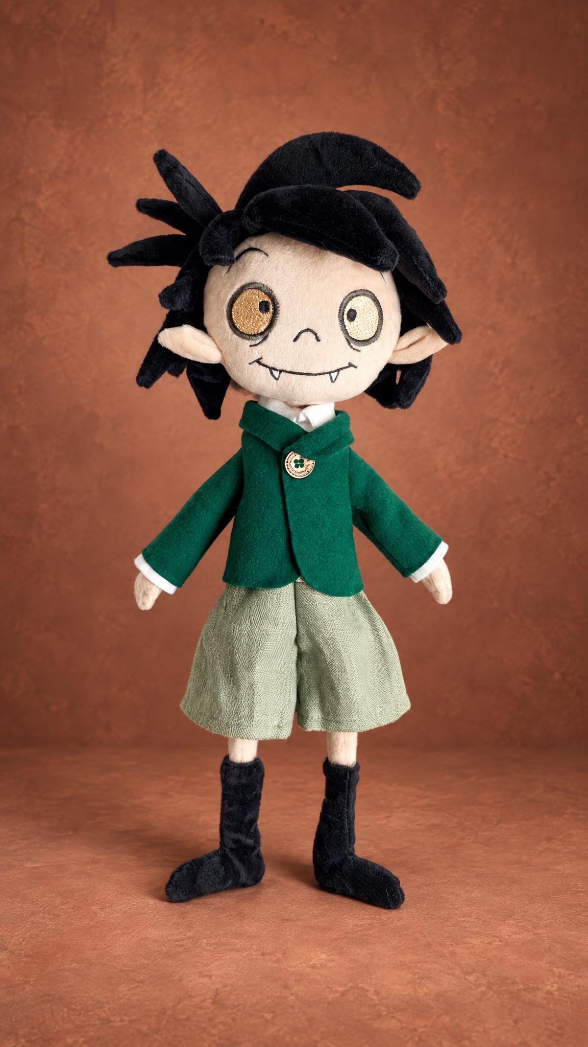 School for Little Vampires Oskar doll, handmade to order: green jacket, pale green shorts, black boots