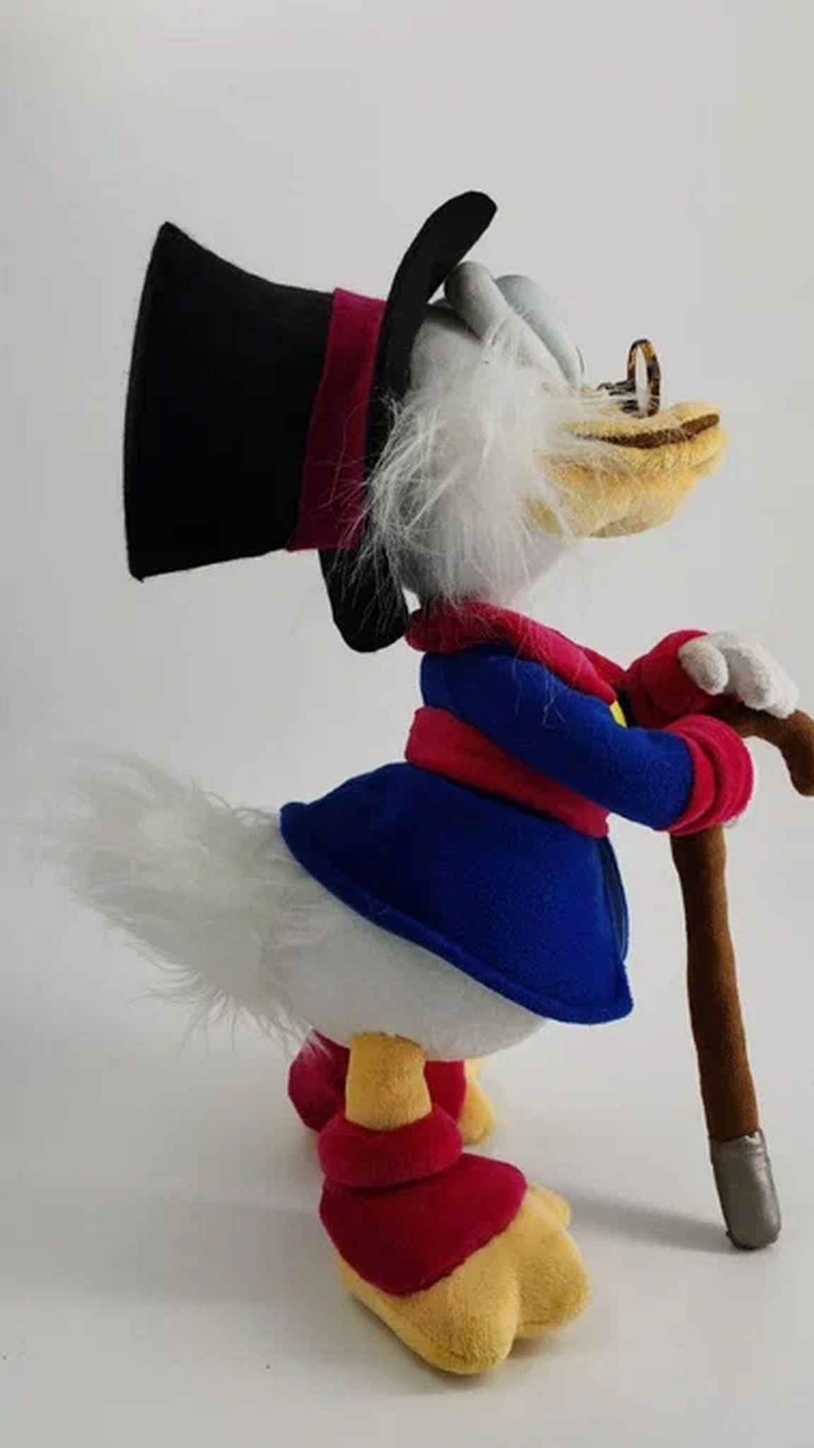 Scrooge McDuck plush with cane and fluffy white tail feathers, a custom DuckTales collectible sewn to order