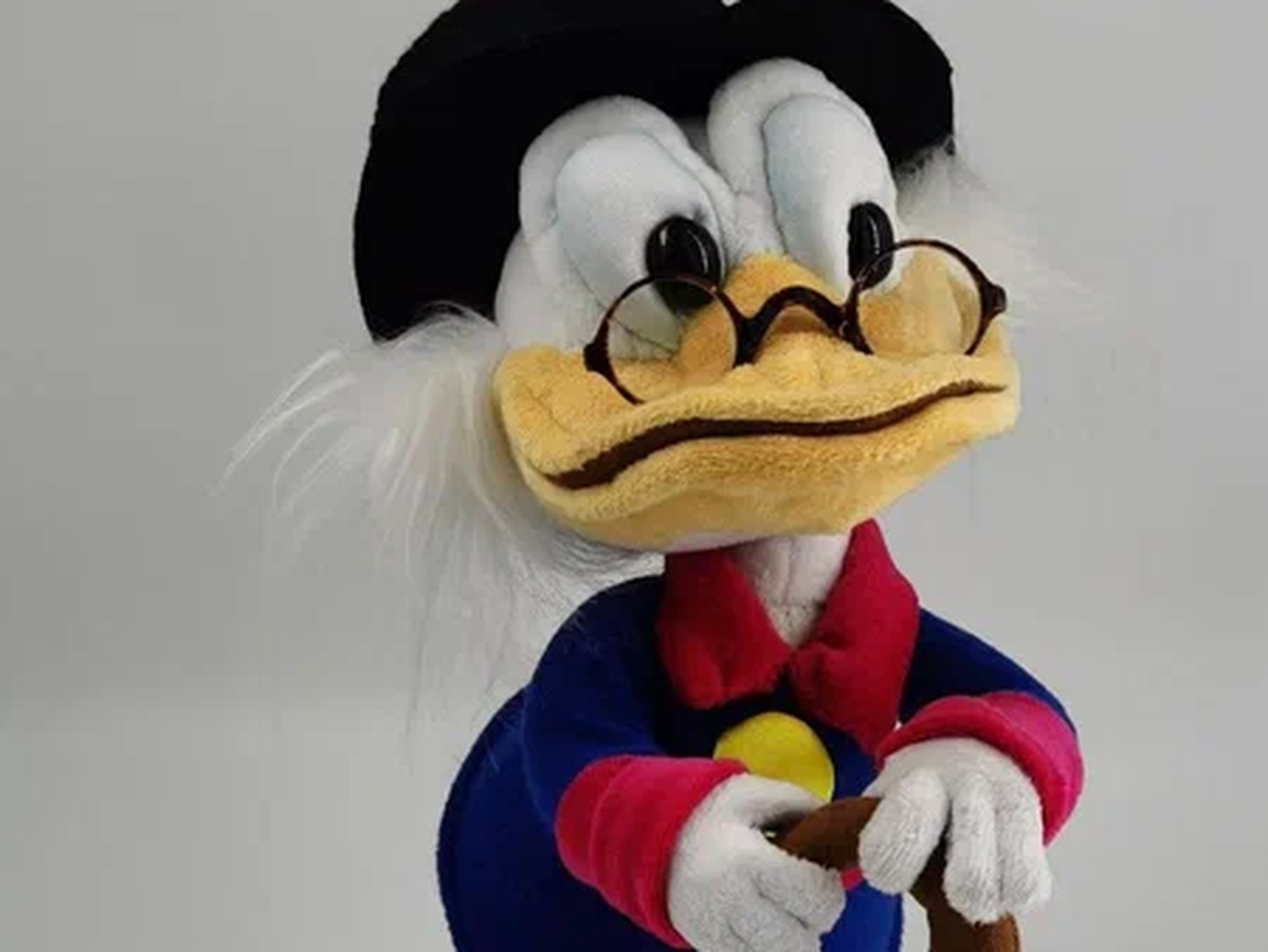 Scrooge McDuck plush from DuckTales with his cane, glasses, top hat and blue coat, sewn by hand to order