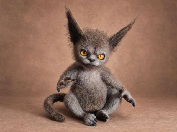 Shishimora, a needle felted book character plush made to order: grey wool fur, tufted ears, amber eyes