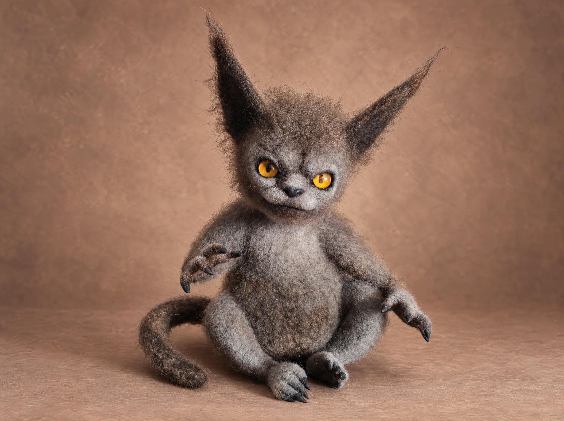 Shishimora, a needle felted book character plush made to order: grey wool fur, tufted ears, amber eyes