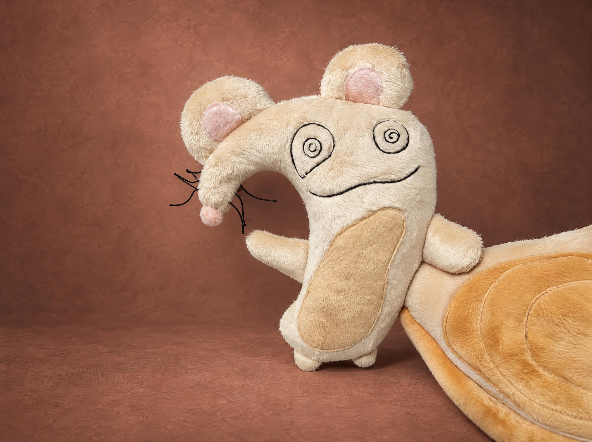 Snail mouse plush sewn to order from a drawing: cream body, round pink ears, spiral eyes, whiskers and a snail shell
