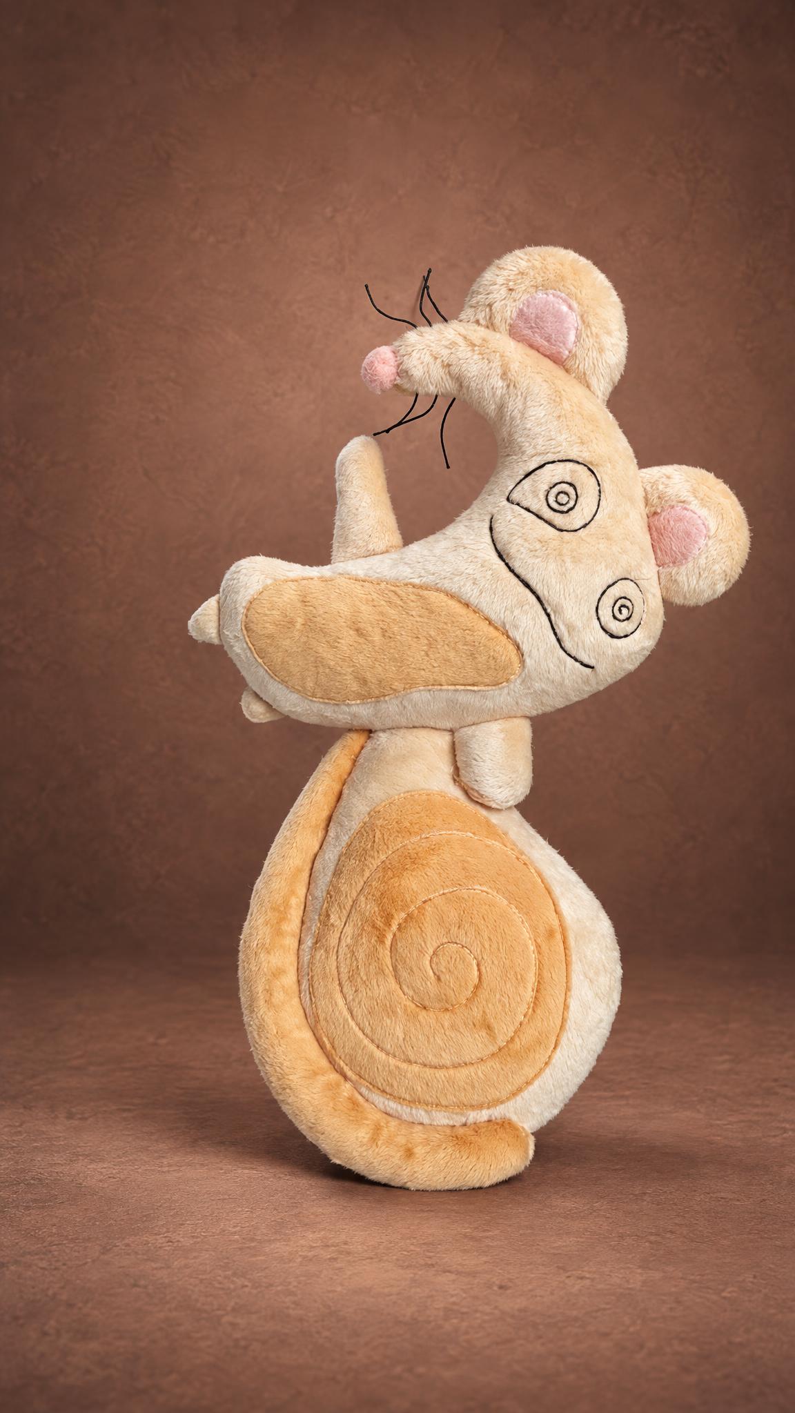 Handmade snail mouse plush with a stitched spiral shell, a custom toy from a drawing