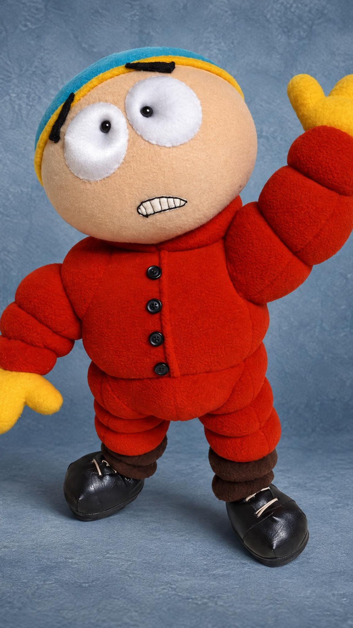 Standing Cartman plush in a red fleece jacket with angry brows and gritted teeth, handmade South Park toy