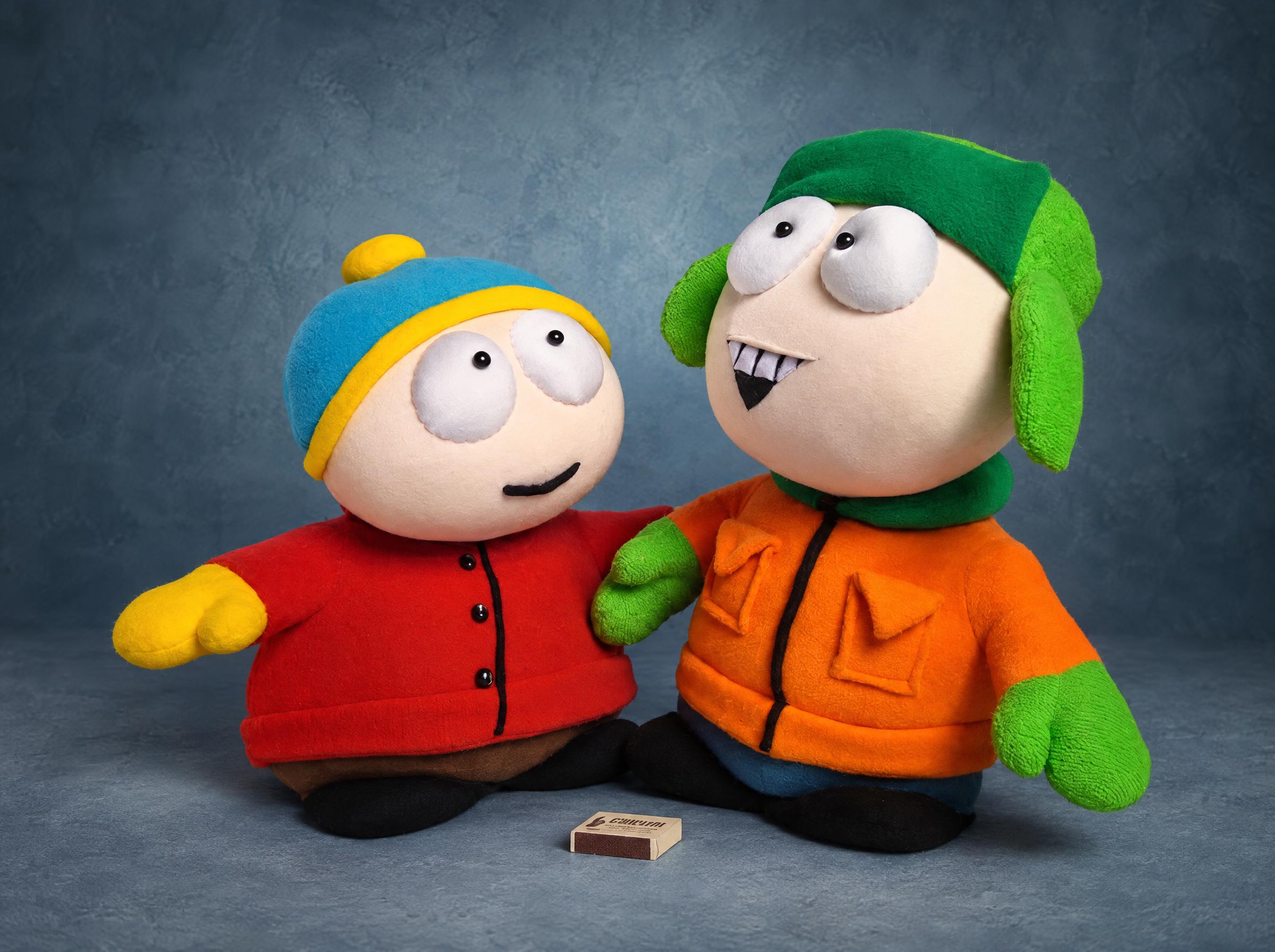 South Park plush Cartman and Kyle side by side, red and orange fleece jackets and hats, sewn to order