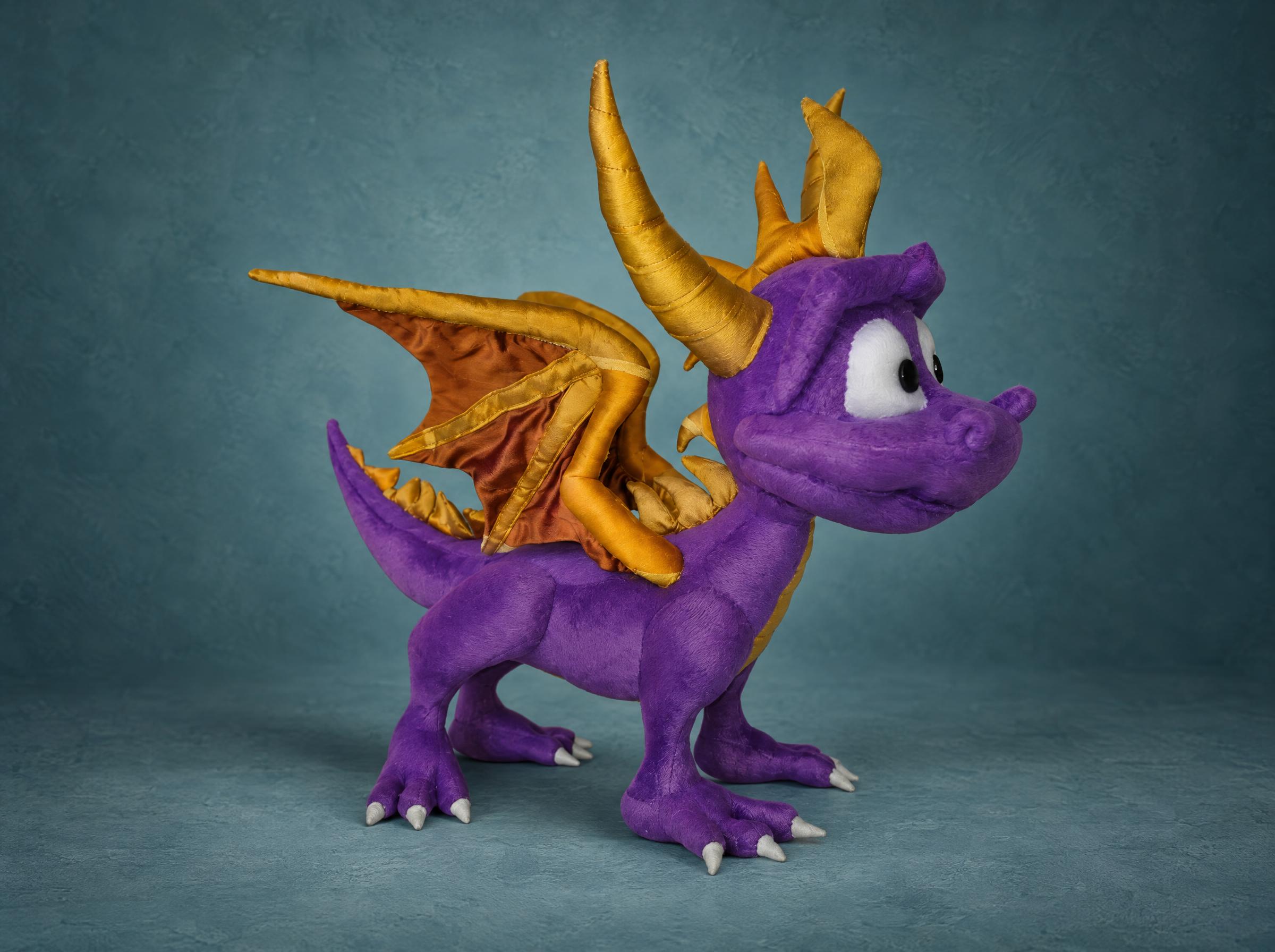 Custom Spyro plush, handmade to order in purple plush with gold satin horns, wings and spikes