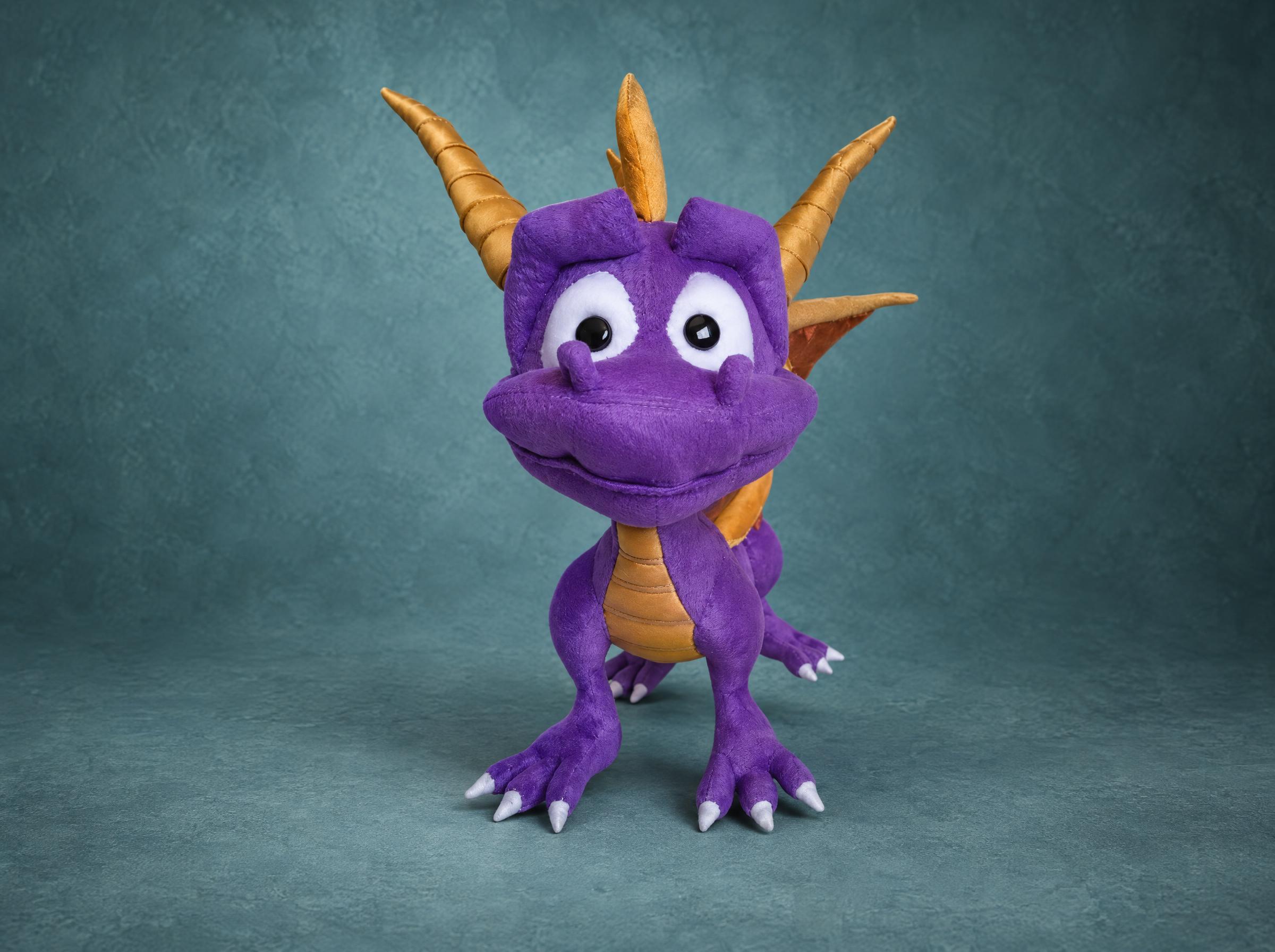 Spyro the Dragon Plush, Custom Custom Spyro the Dragon plush facing forward with big white eyes and gold horns, a handmade Spyro toy