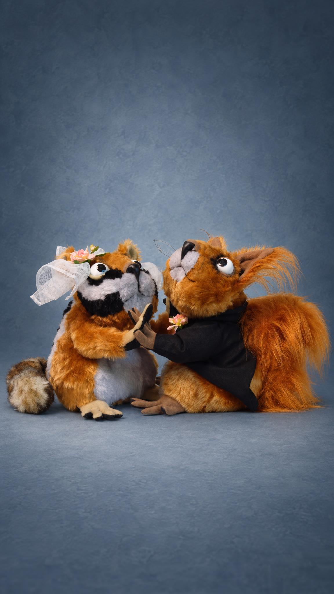 Wedding gift plush sewn to order: ginger squirrel groom and badger bride with a ringed tail, holding paws