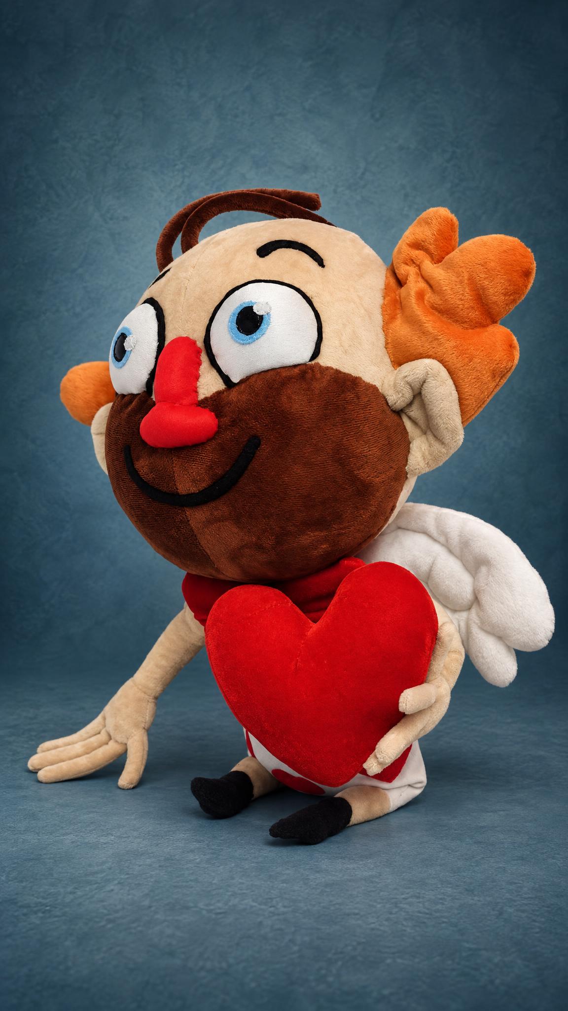 Handmade sticker plush: cupid Heart Guy with brown curly hairs and white wings holds a red heart, made to order