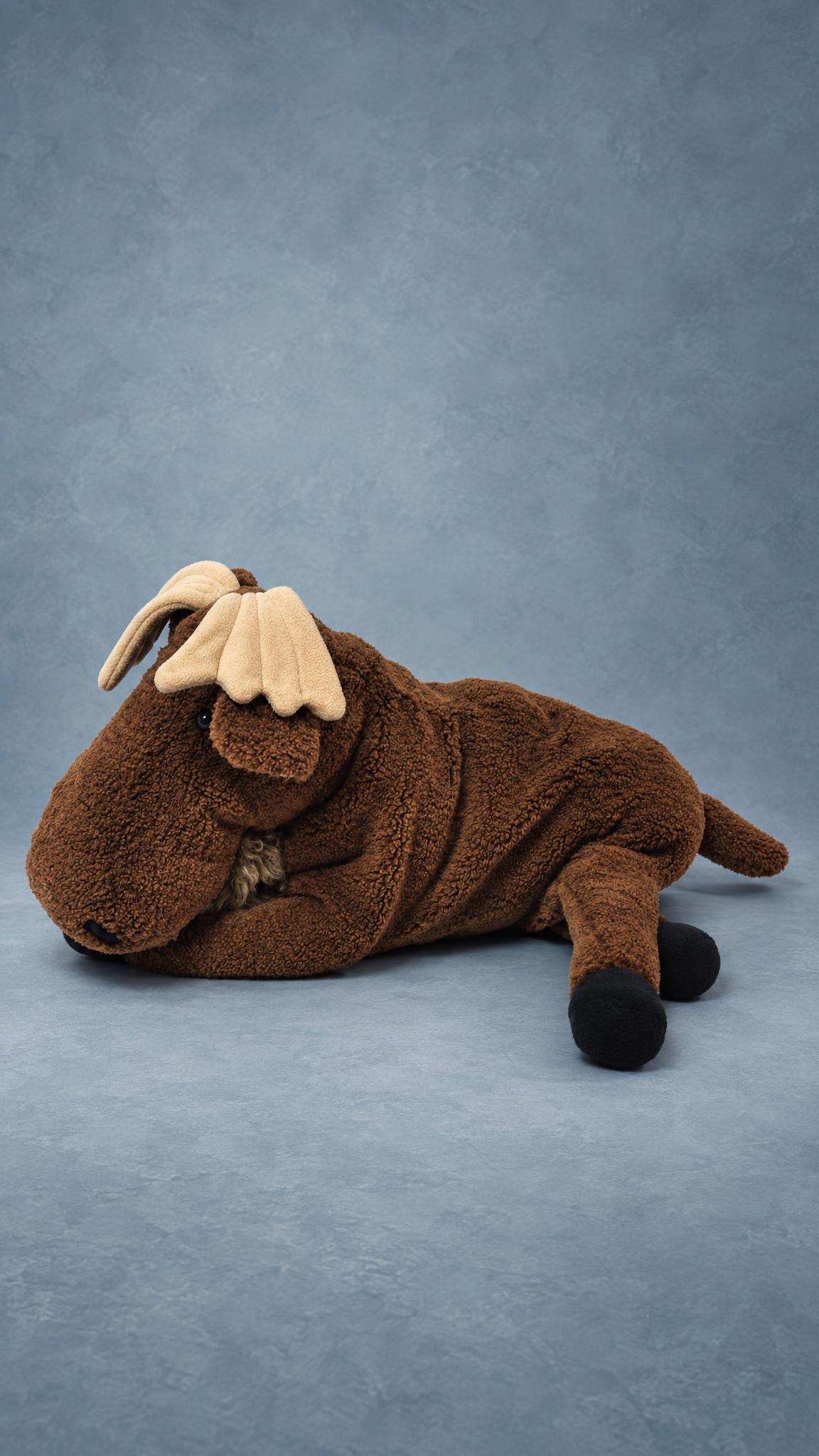 Custom stuffed moose resting on its belly, curly brown fur, black hooves and palm-shaped antlers, handmade