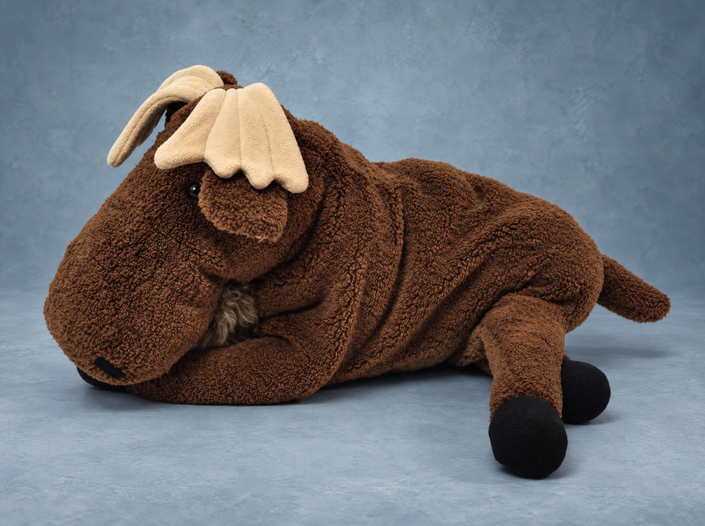 Custom stuffed moose in curly brown fur Custom stuffed moose resting on its belly, curly brown fur, black hooves and palm-shaped antlers, handmade