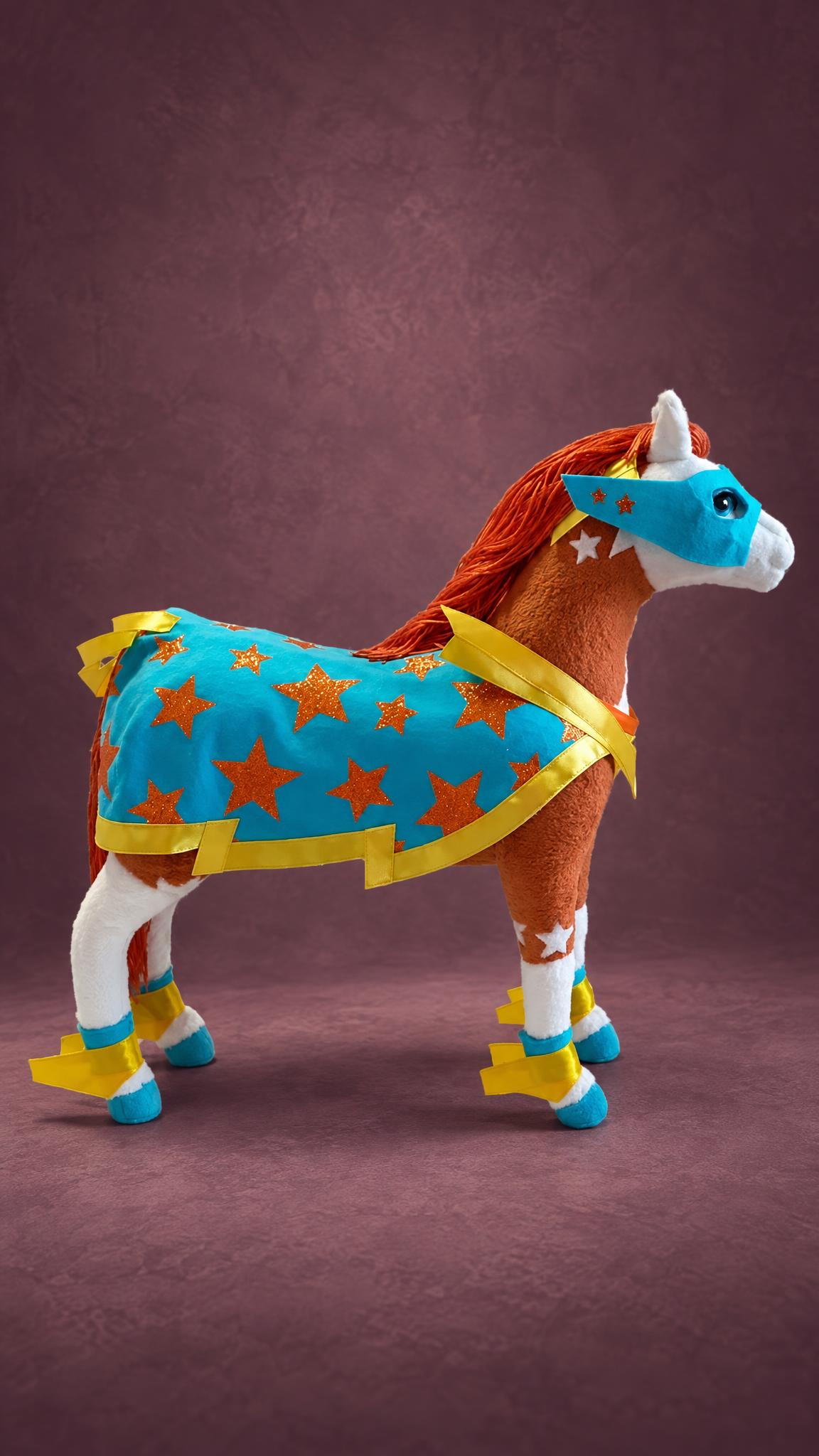 Custom superhero horse plush in a turquoise star cape and mask, with an orange yarn mane, handmade to order