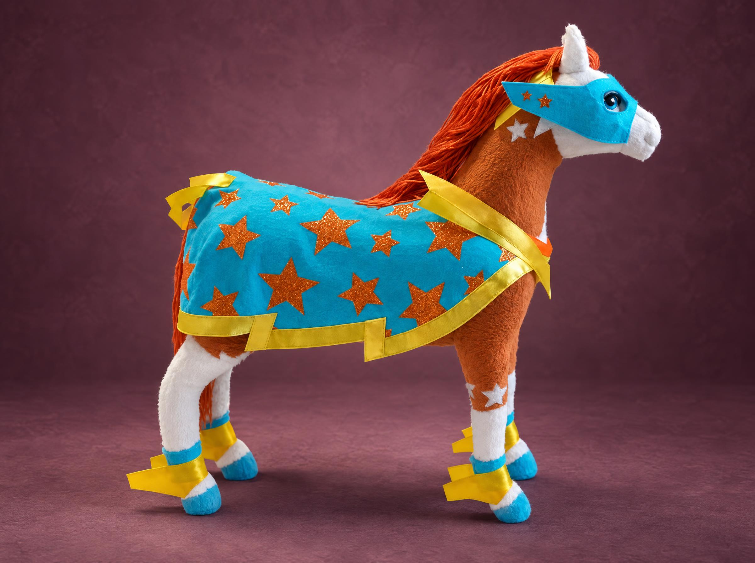 Custom superhero horse plush in a turquoise star cape and mask, with an orange yarn mane, handmade to order