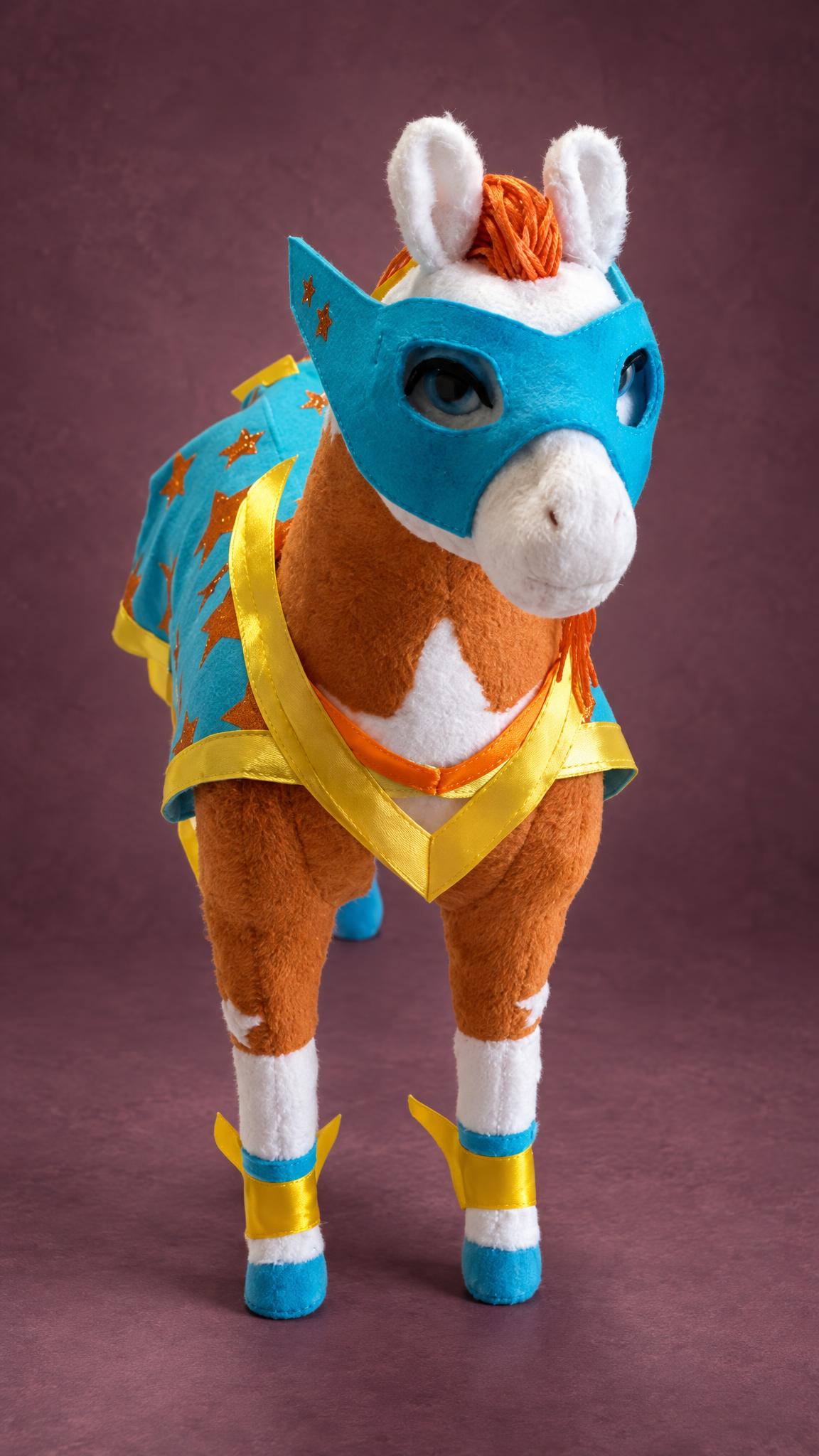 Handmade horse plush in a turquoise superhero mask and star cape, with white ears and yellow ribbons