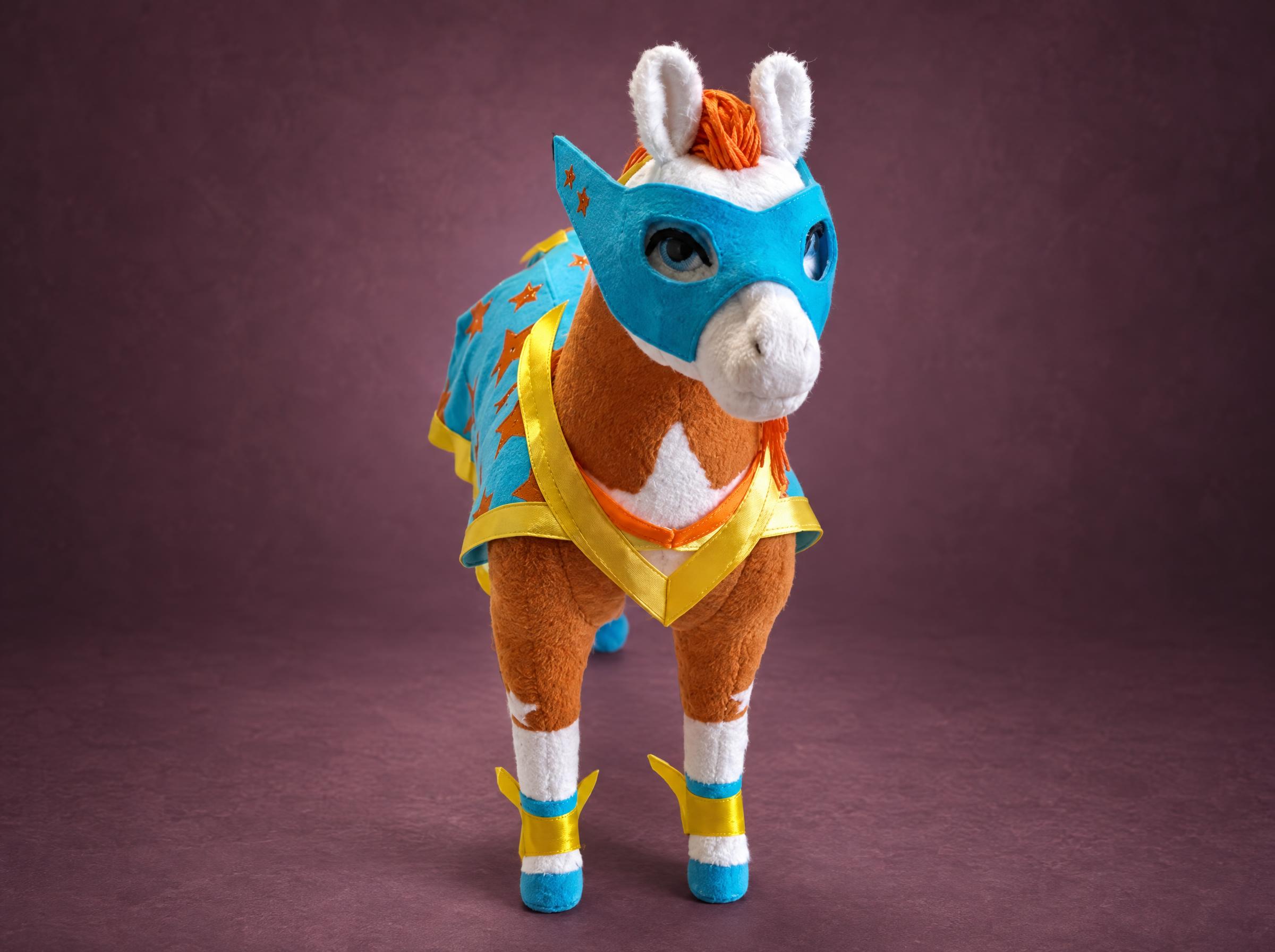 Horse Plush in a Superhero Mask Handmade horse plush in a turquoise superhero mask and star cape, with white ears and yellow ribbons
