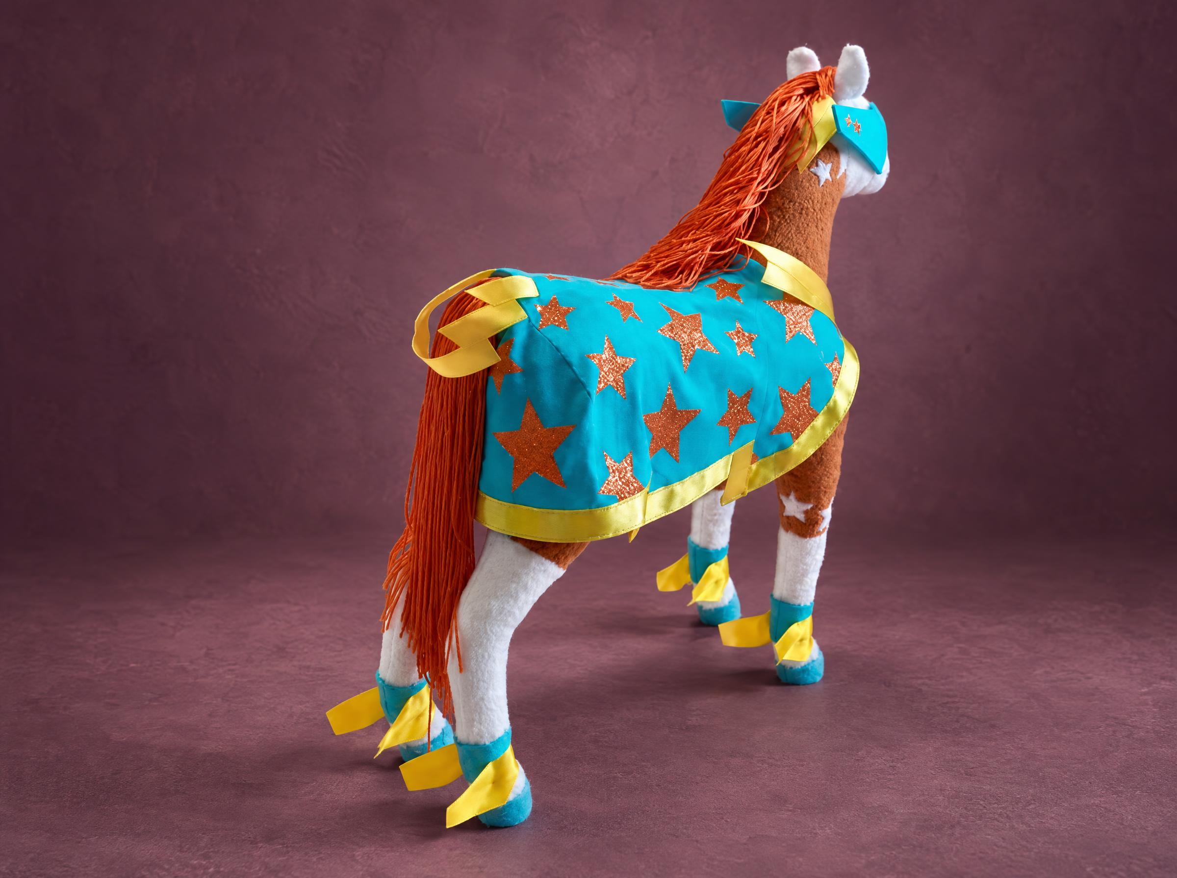 Superhero Horse Soft Toy, Custom Custom horse soft toy in a turquoise star cape with yellow trim, orange mane and white socks, made to order