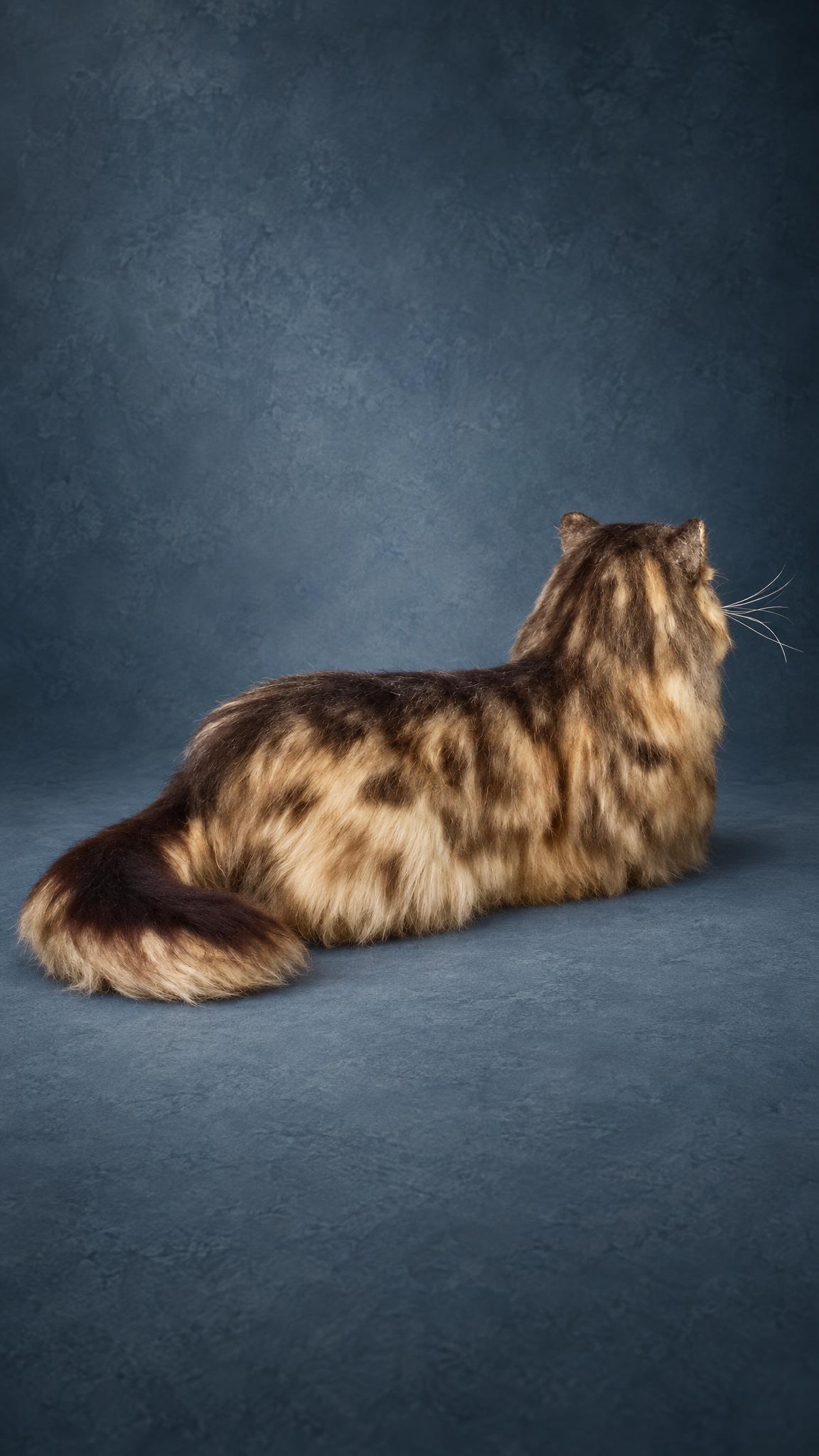 Realistic long-haired tabby cat plush with its striped tail stretched out, handmade to order
