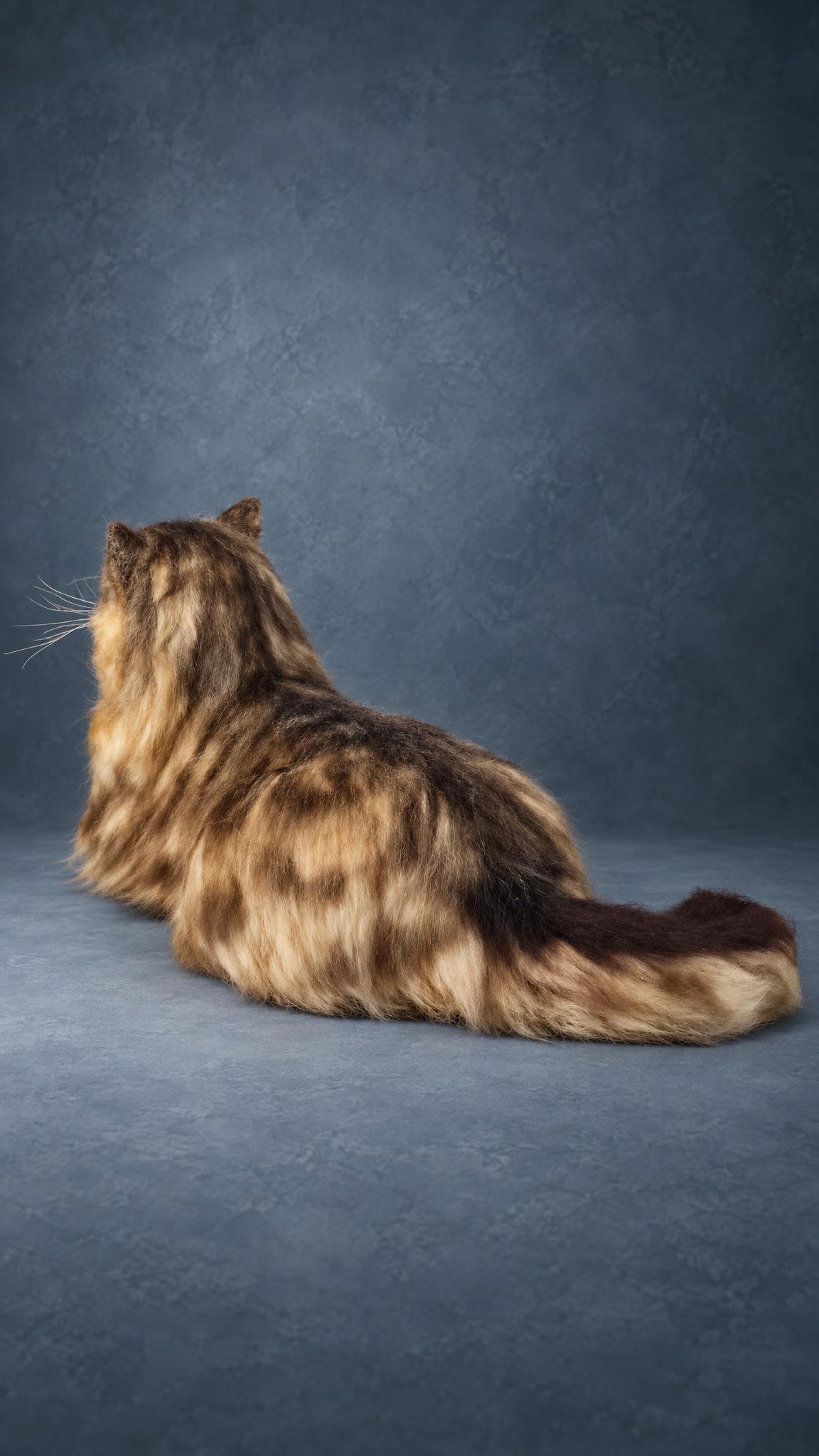 Fluffy tabby cat plush from behind with a bushy striped tail, a realistic cat handmade to order
