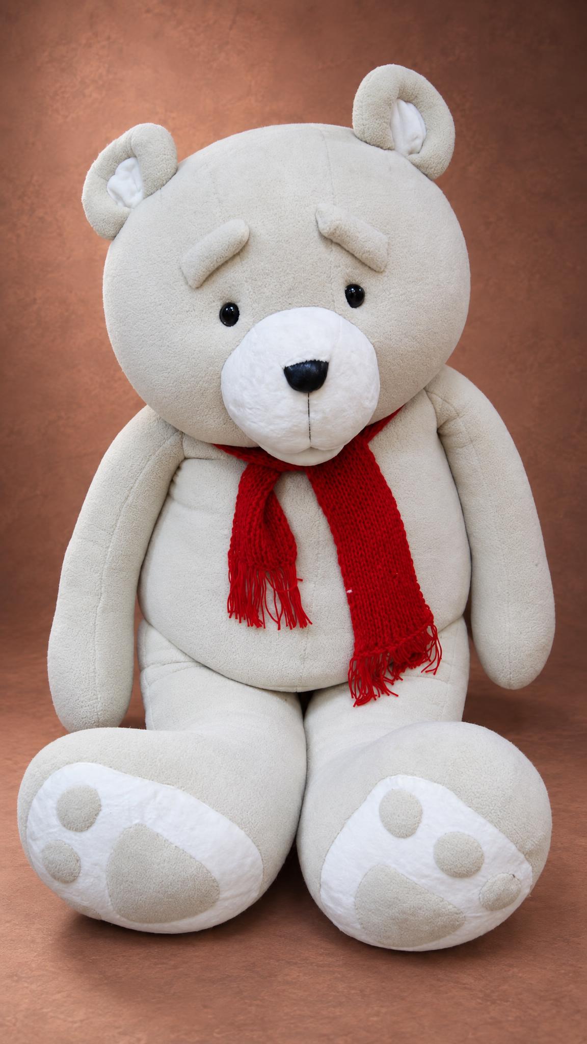 Custom giant Ted bear plush, 160 cm, cream fleece and a red knitted scarf, made to order