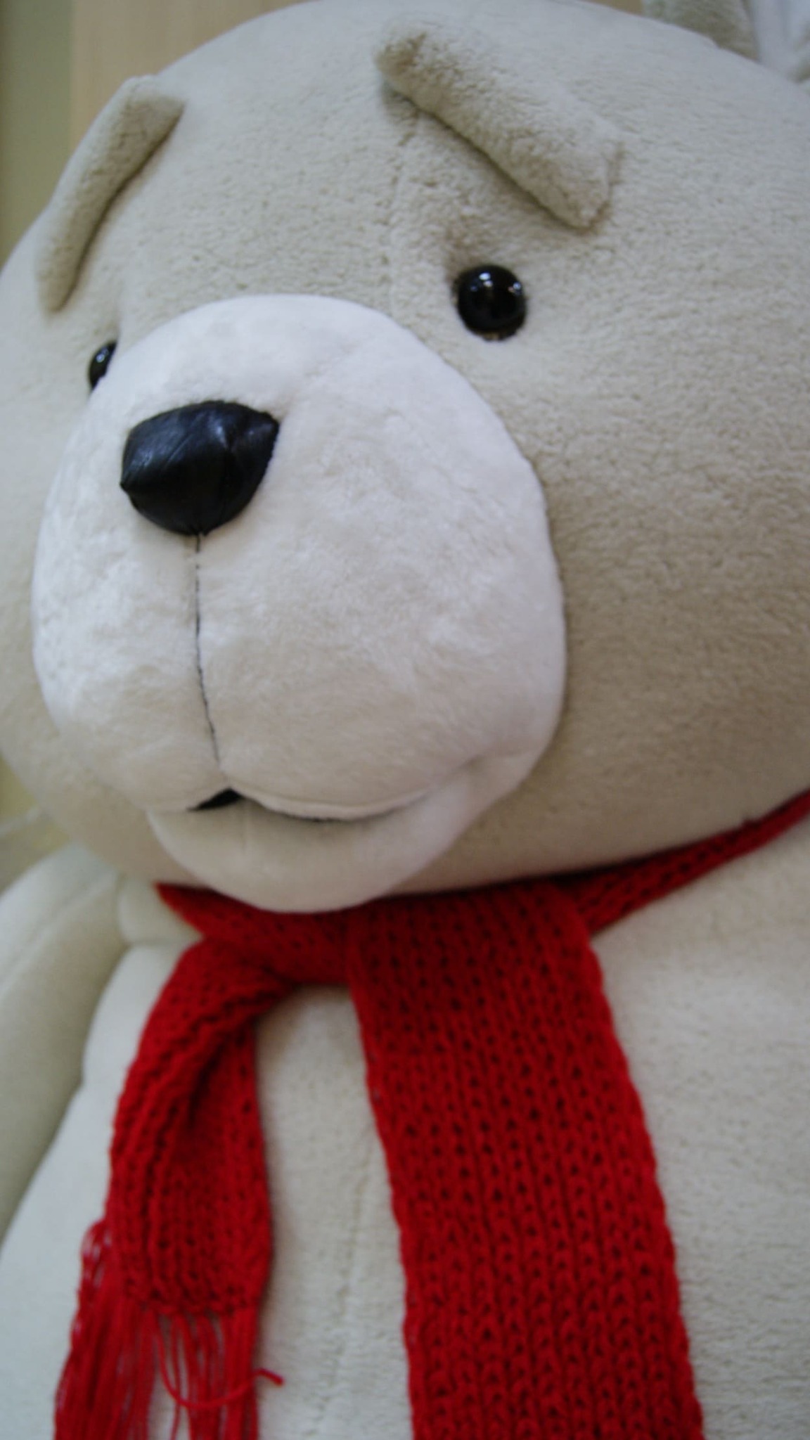 Ted bear plush face: black nose, bead eyes and fleece eyebrows, a giant custom teddy made to order