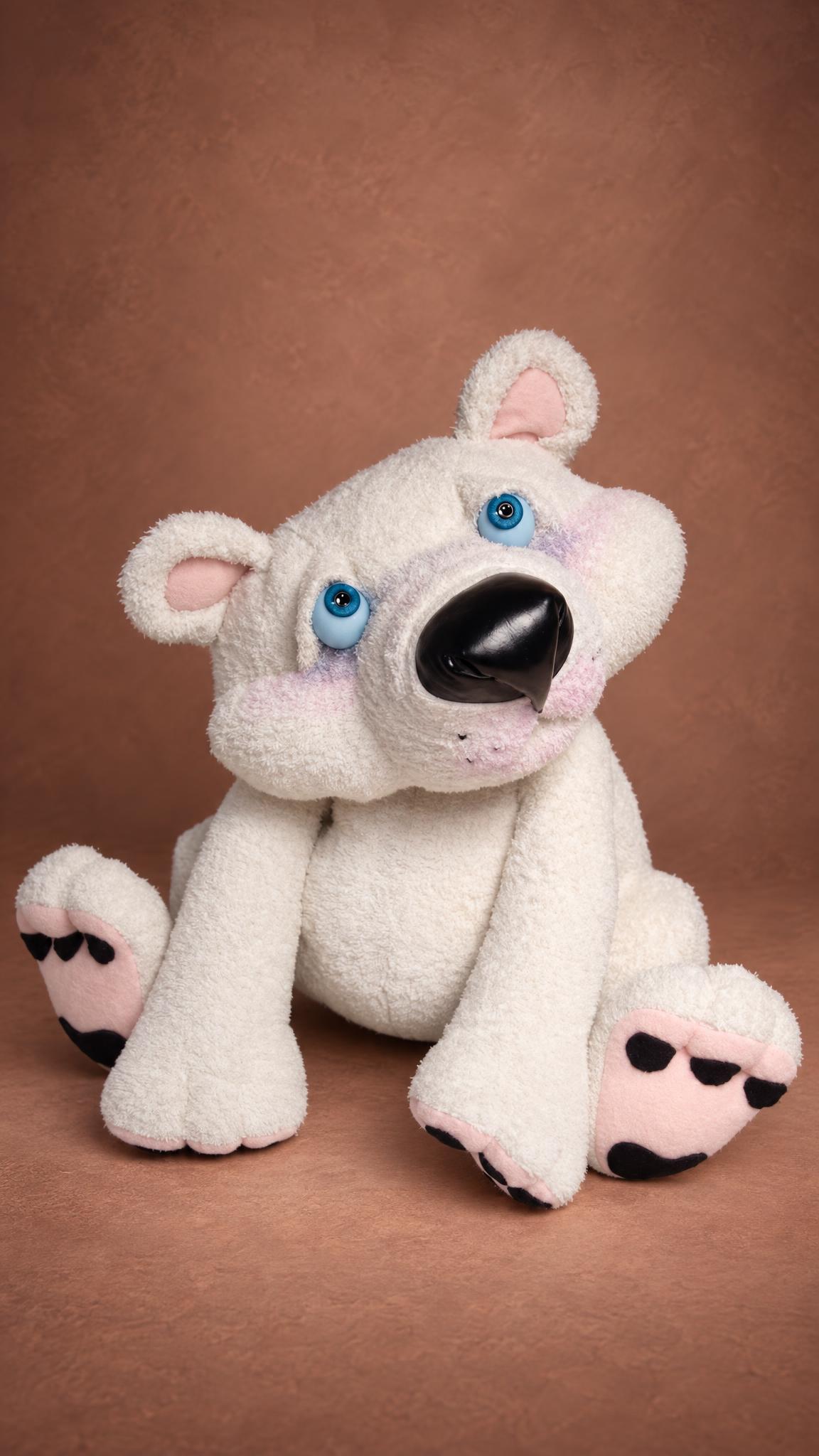 Custom white teddy bear sewn from an old terrycloth robe, blue eyes and pink paw pads, made to order