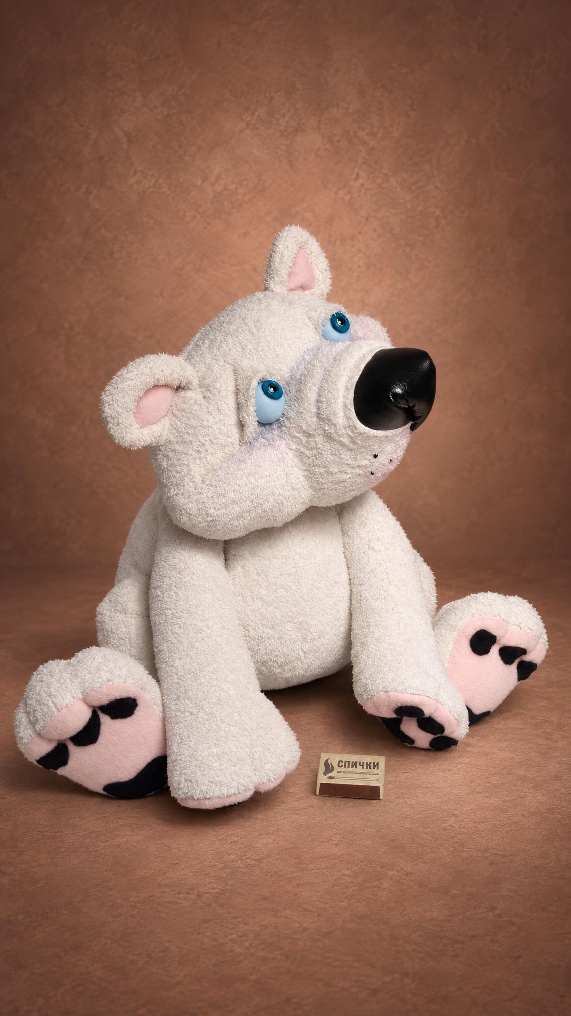 Handmade white teddy bear sewn from an old robe, sitting up, a keepsake bear made to order