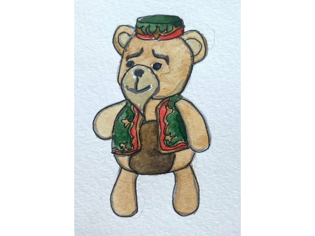 Original sketch of the teddy bear prototype The watercolor sketch this custom teddy bear prototype was sewn from: skullcap, waistcoat and goatee