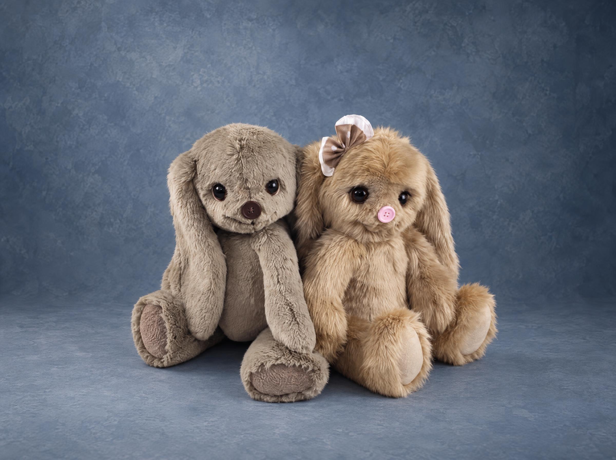Teddy bunny plush prototypes, grey and beige, sewn by hand to order as first samples for a toy brand