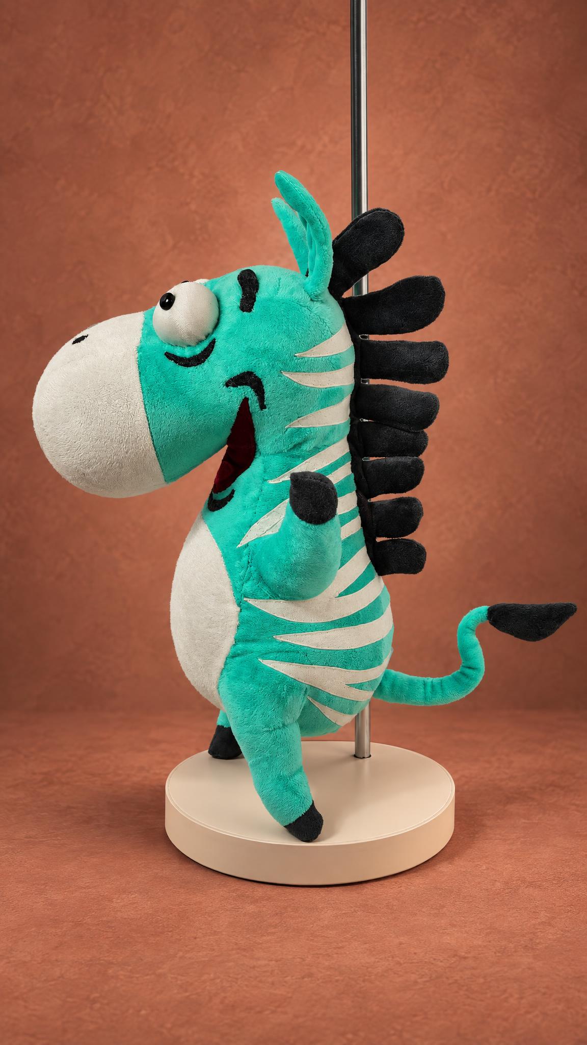 Handmade mint zebra plush from a sticker, laughing mouth, charcoal mane tabs and cream stripes, made to order