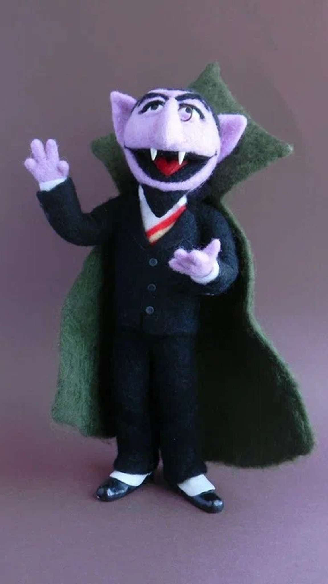Custom Count von Count toy, the Sesame Street vampire in felt with a raised hand and green cape, made to order