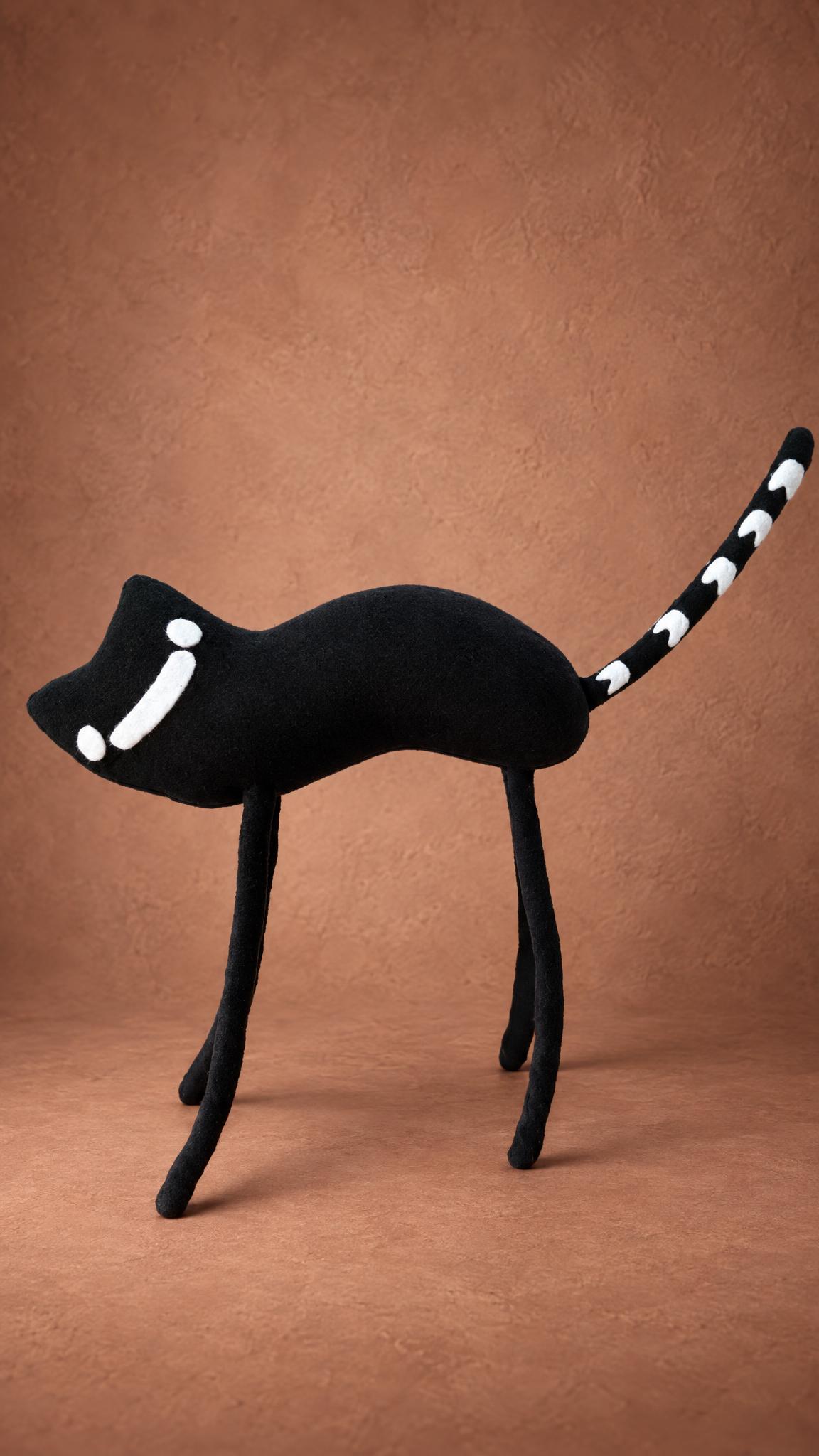 Custom thin black cat plush with long legs and a ringed tail, handmade to order from an illustration