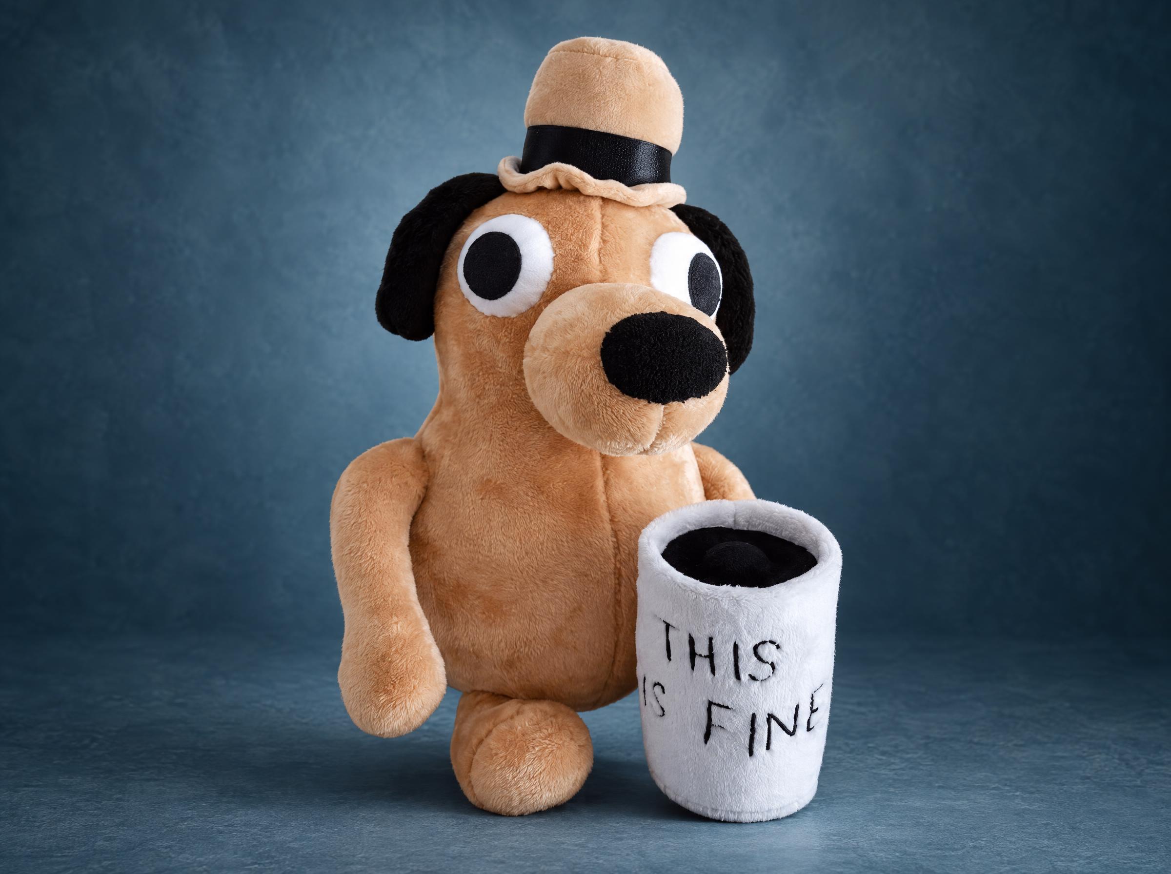 Custom This Is Fine dog plush, sewn to order from the meme, with a bowler hat and a plush coffee mug