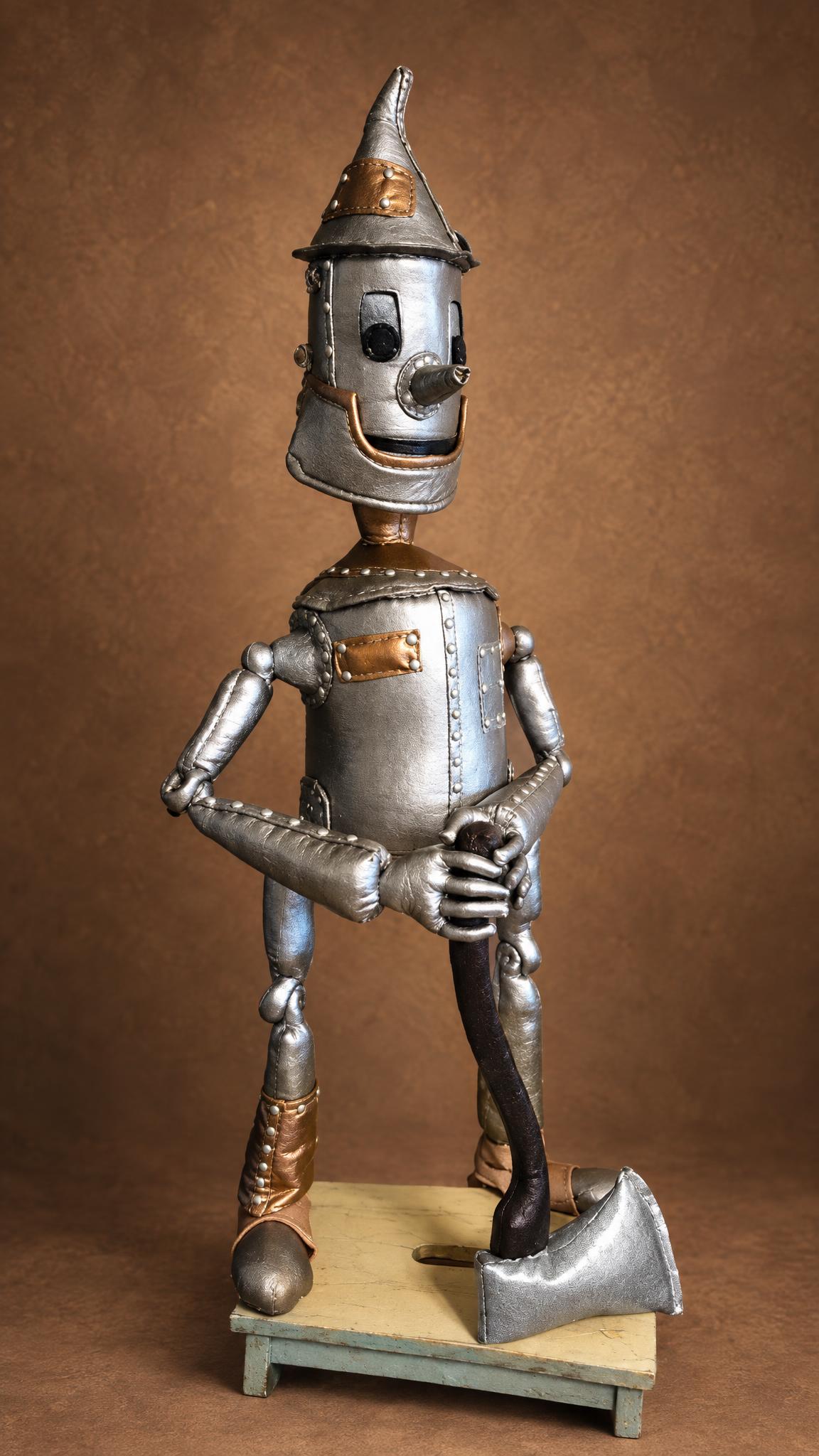 Handmade Tin Man doll from The Wizard of Oz leaning on his silver axe, a custom Iron Woodcutter made to order